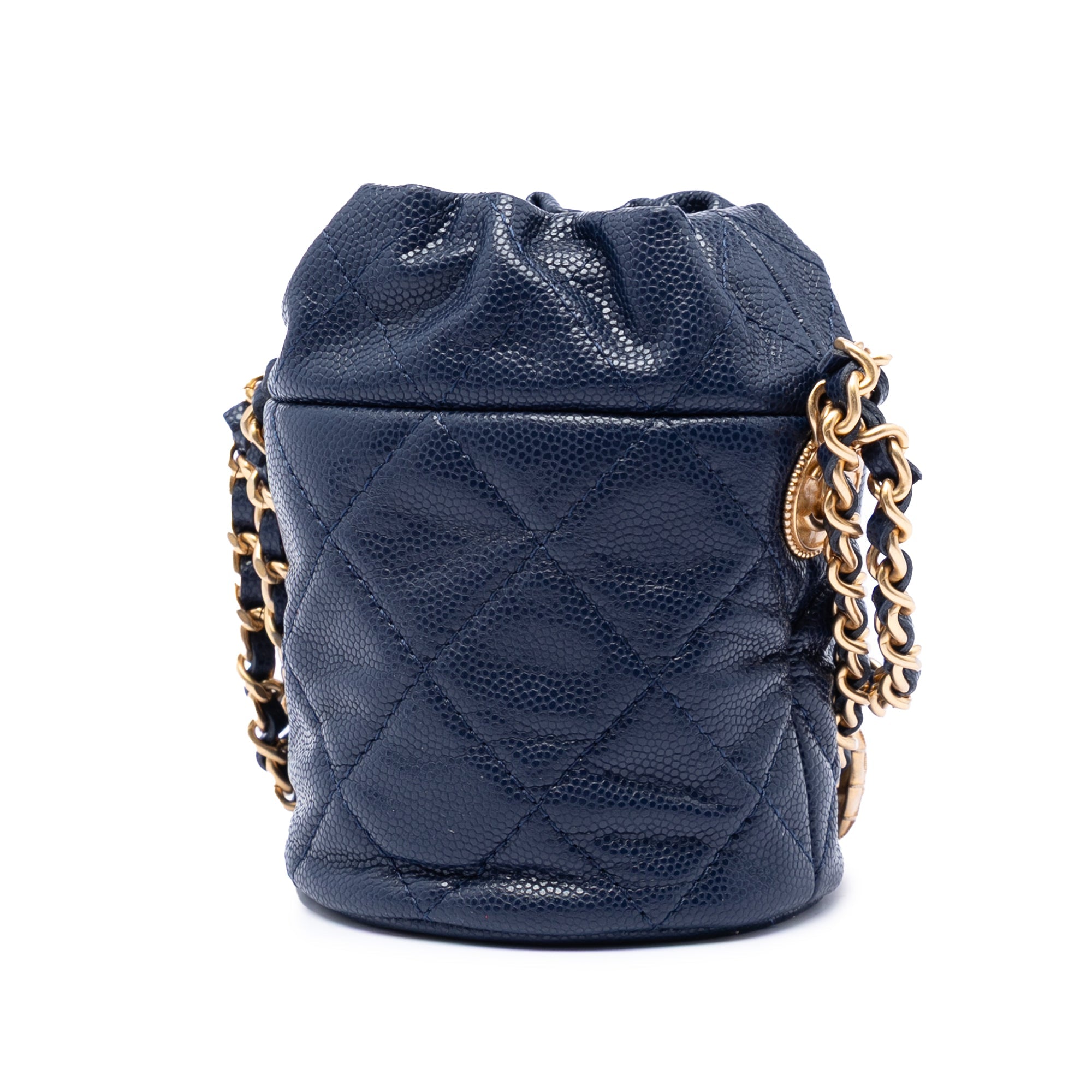 Mini Quilted Caviar Medallion Charms Drawstring Bucket Bag