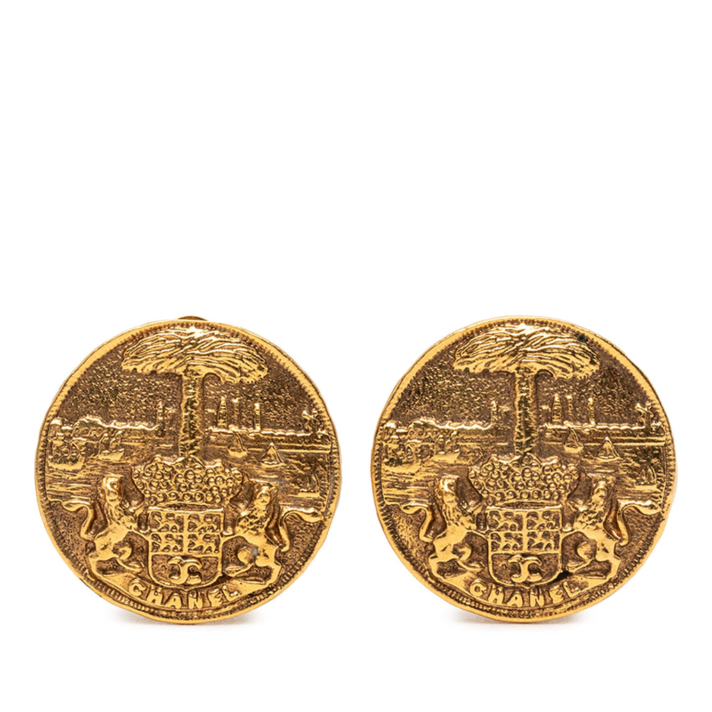 Gold Plated Medallion Coat of Arms Clip on Earrings