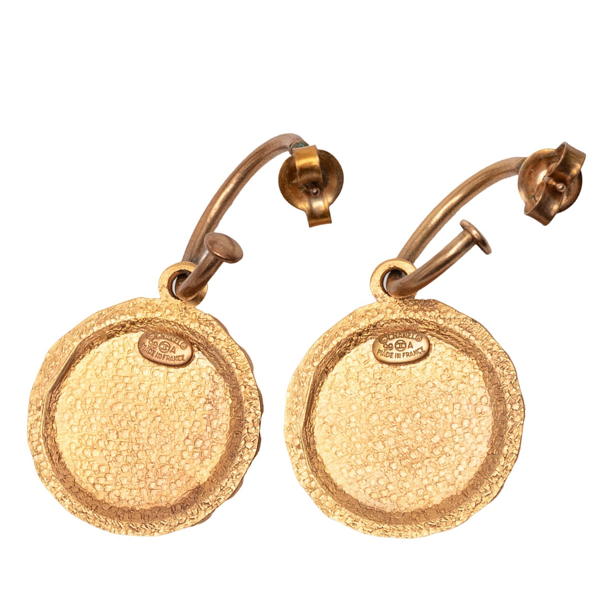 Gold Plated Enamel Logo Round Scalloped Swing Push Back Earrings