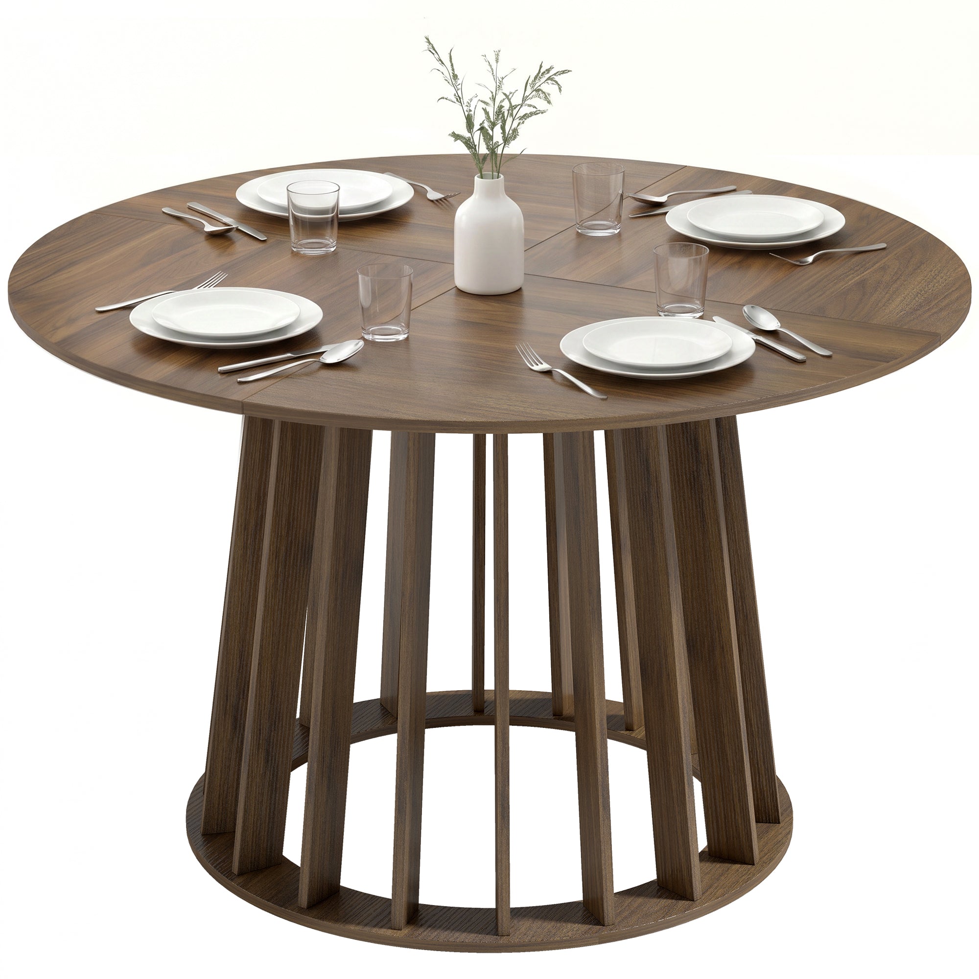 120 cm Round Dining Table for 4–6 People with Slatted Heavy-Duty Pedestal Base, Light Walnut