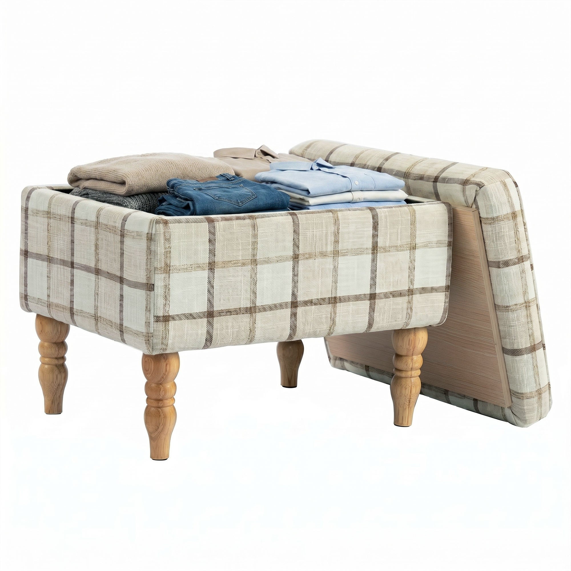 Rectangular Storage Stool with Removable Top & Hidden Compartment, Linen-Look Upholstered Footstool for Living Room or Bedroom, Brown
