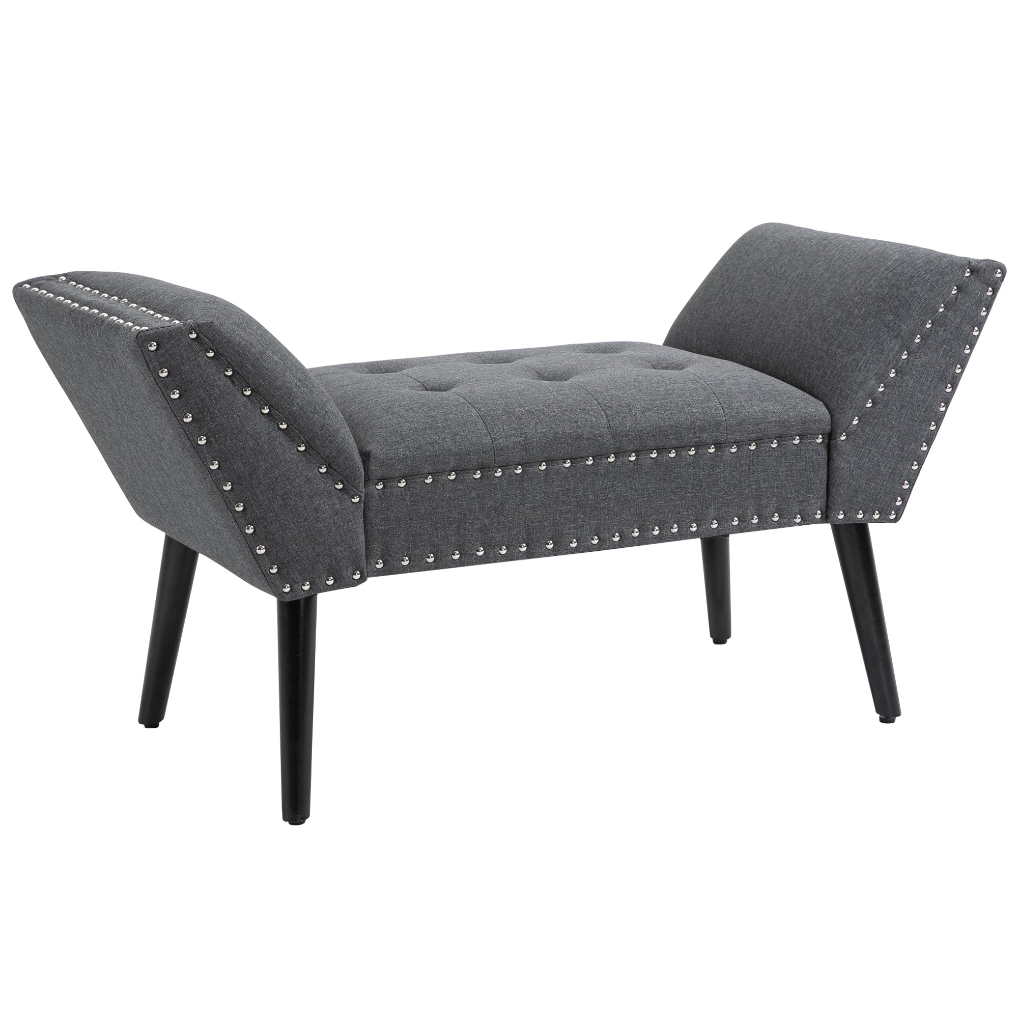 Tufted End of Bed Bench with Arms and Nailhead Trim, Linen Fabric Bedroom Bench, Dark Grey