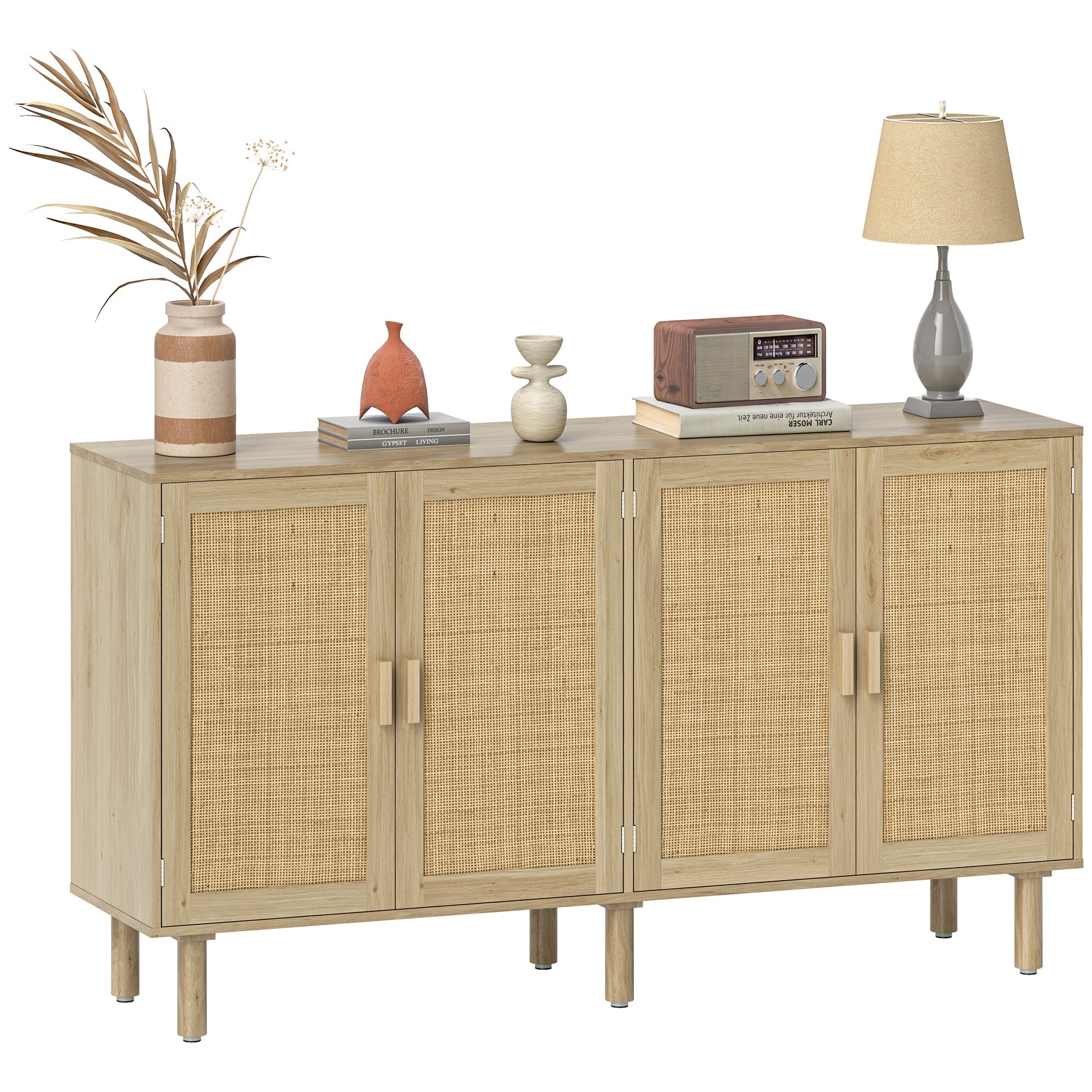 4 Doors Large Capacity 62" Solace Sideboard, Boho Buffet with 2 Cabinets, Natural