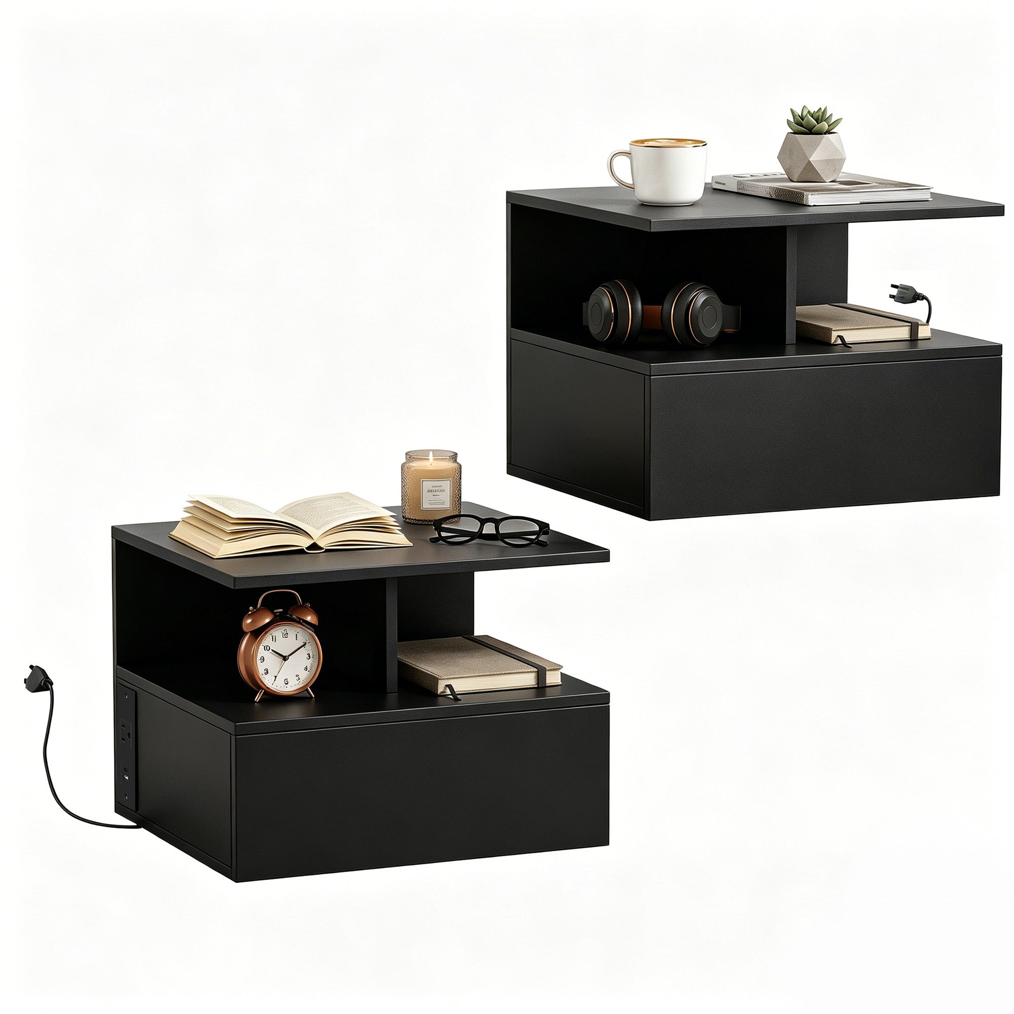 Set of 2 Wall-Mounted Nightstands with Power Outlets, Drawer & Shelf, Black