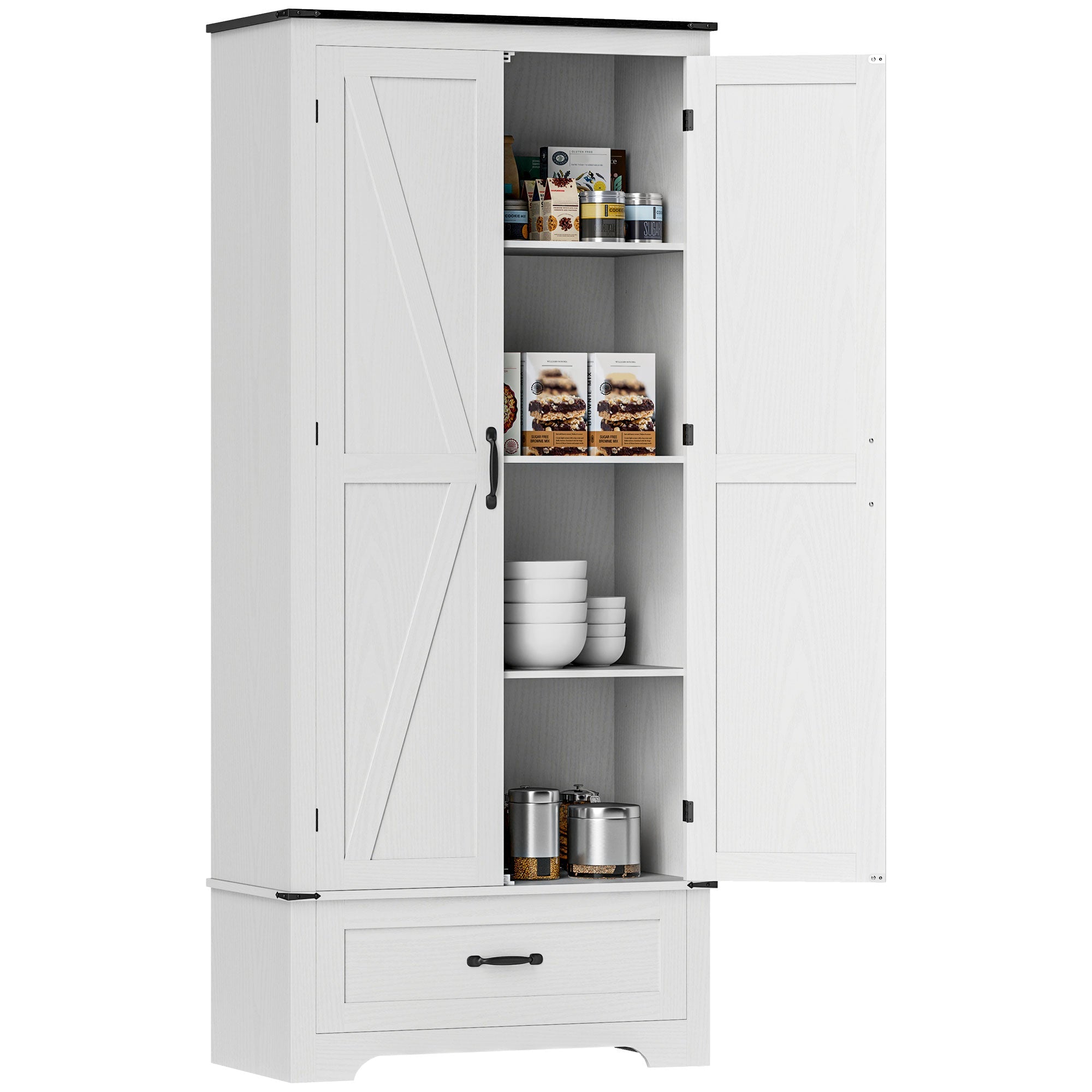 72" Farmhouse Kitchen Pantry Cabinet with Adjustable Shelves & Drawer, Distressed White