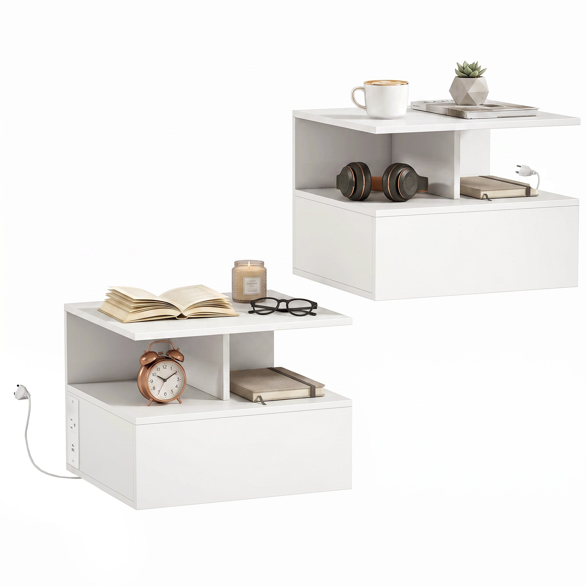 Small Floating Nightstand Set of 2 with Power Outlets, Drawer & Open Shelf, White