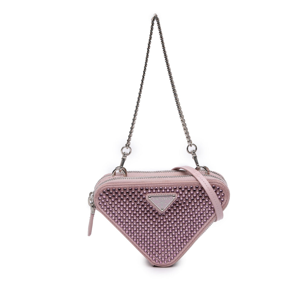 Mini Crystal Embellished Satin and Leather Triangle Pouch