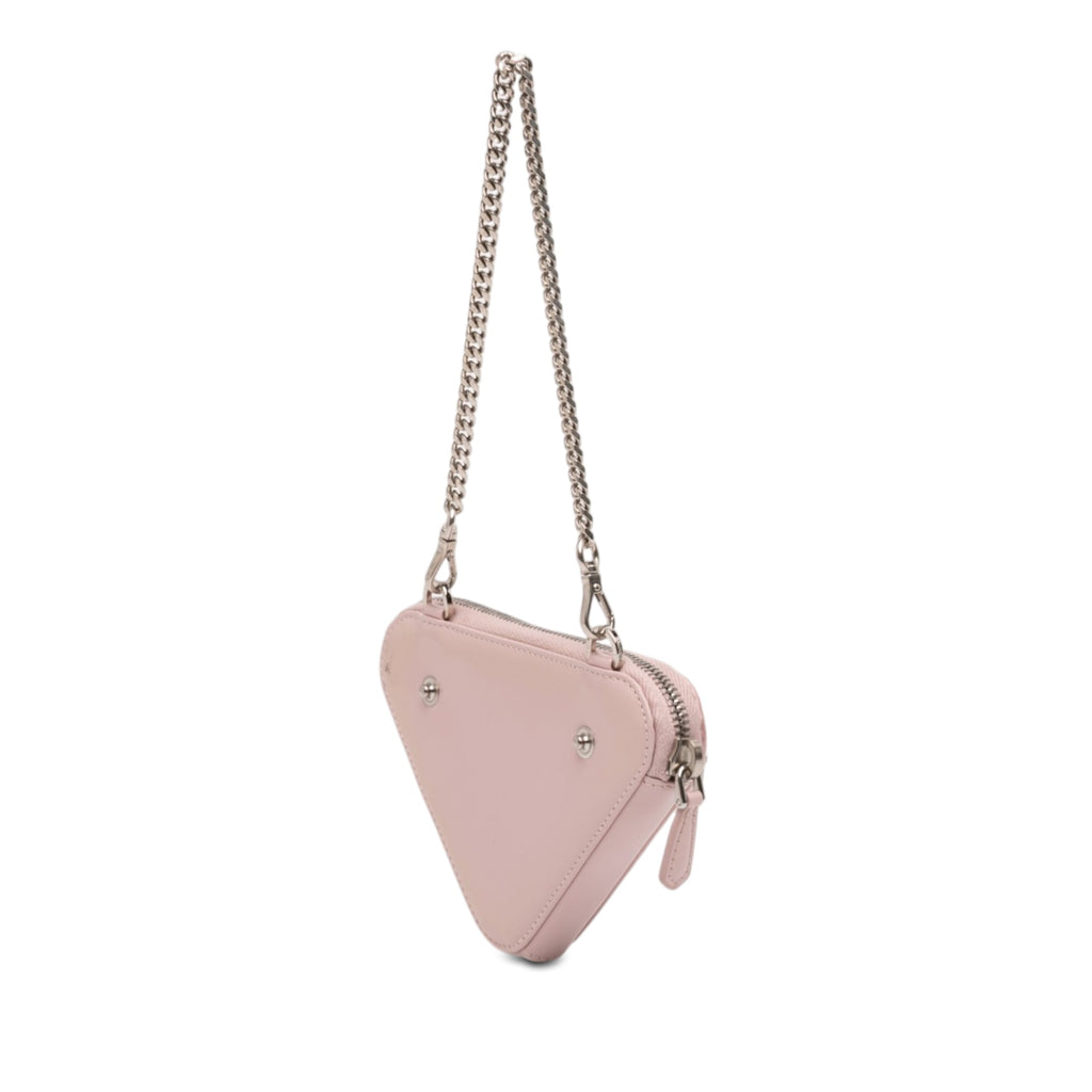 Mini Crystal Embellished Satin and Leather Triangle Pouch