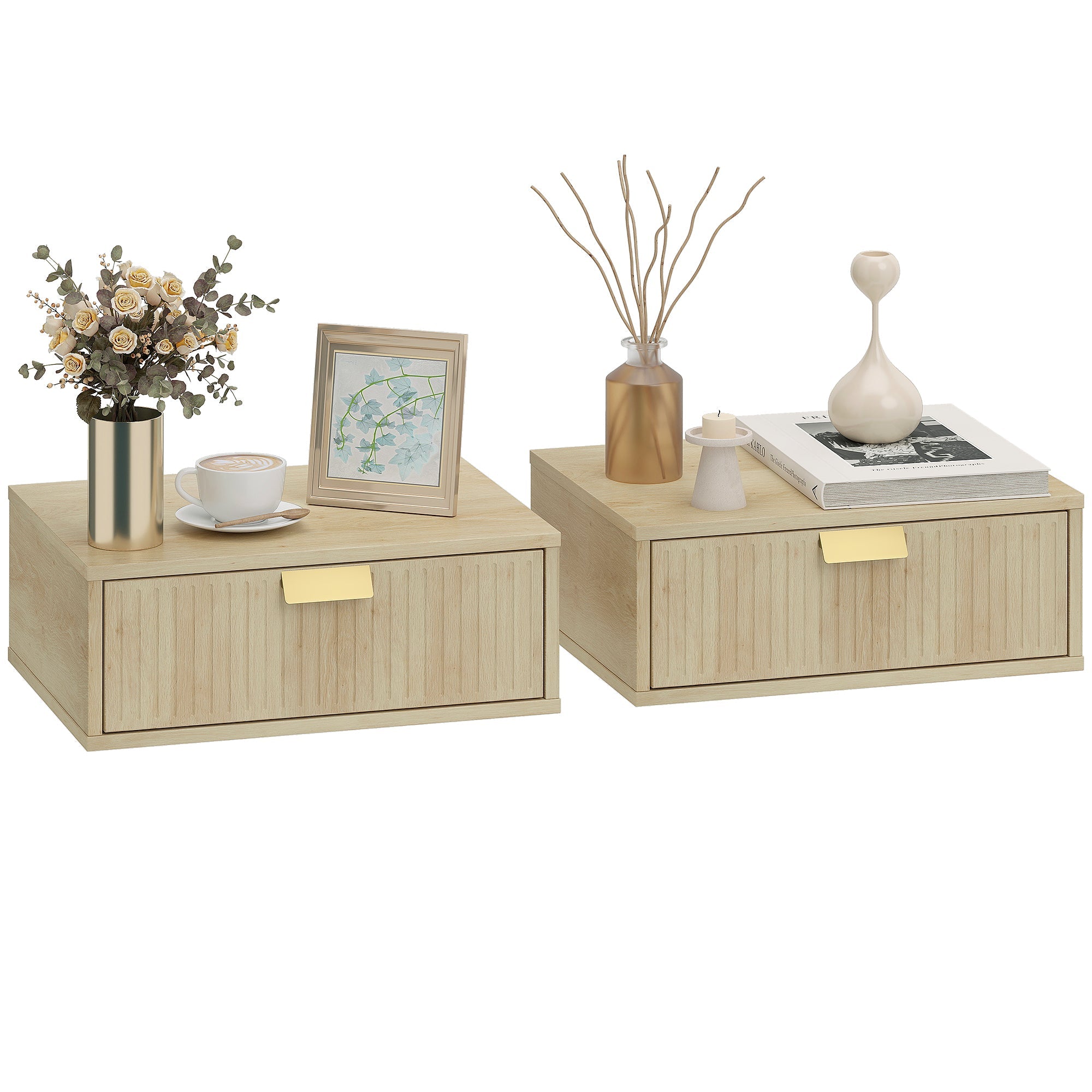Floating Nightstands Set of 2 with Wave Drawer, Wall Mounted Oak Bedside Tables