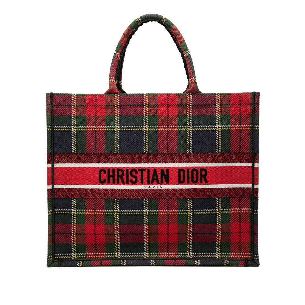 Large Embroidered Canvas Tartan Check Book Tote