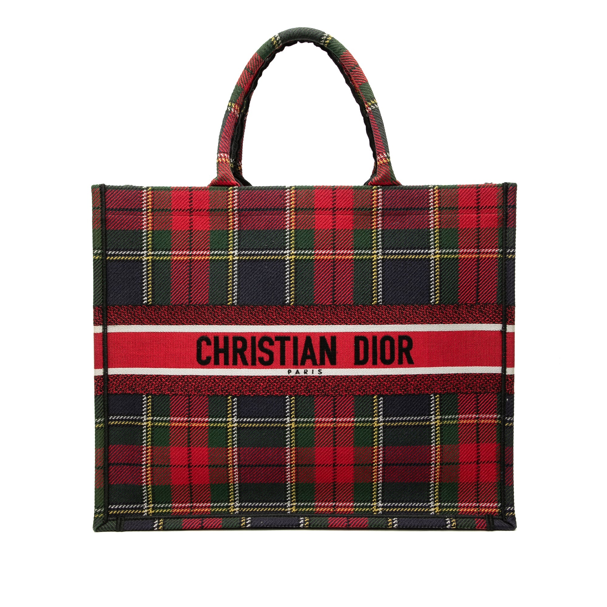 Large Embroidered Canvas Tartan Check Book Tote