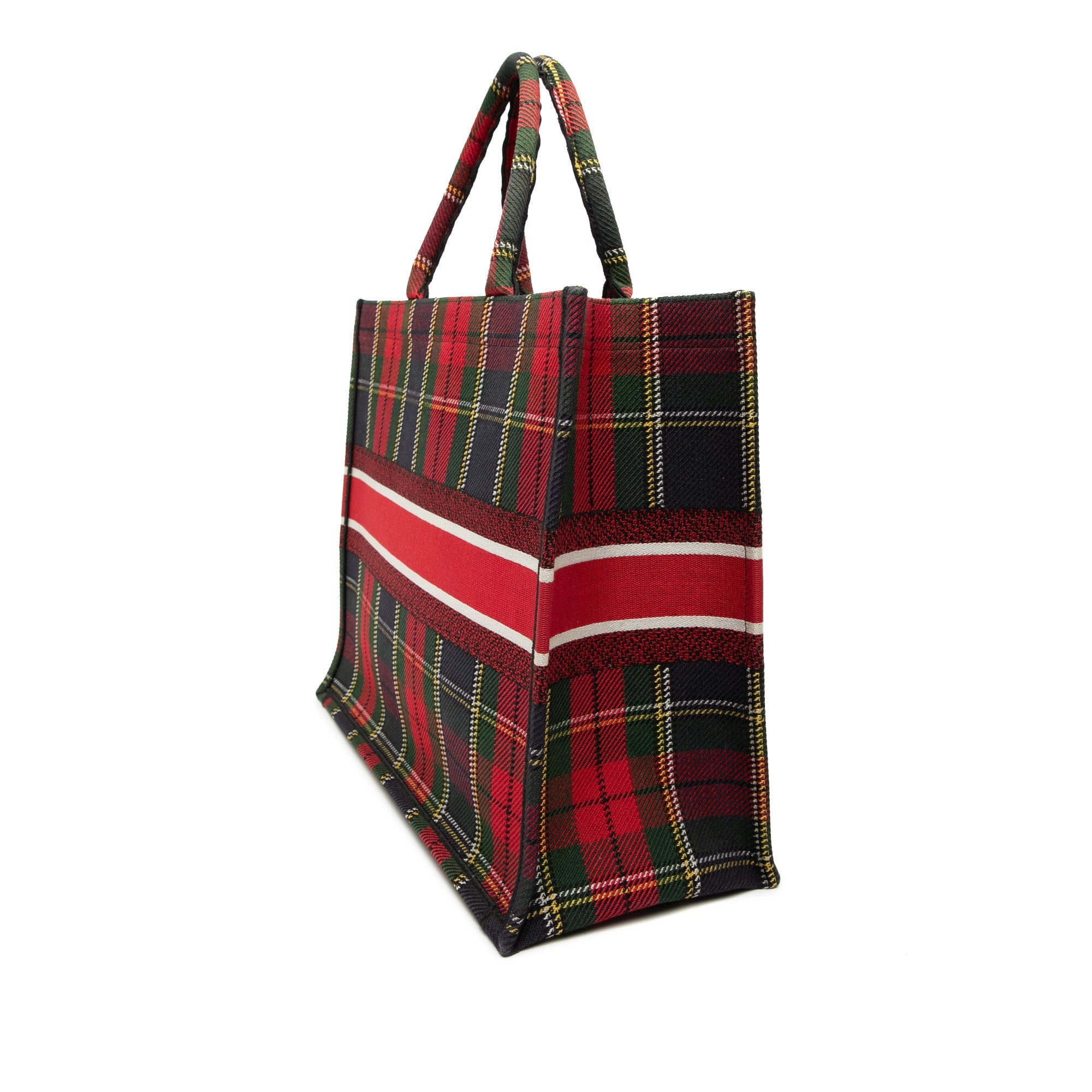 Large Embroidered Canvas Tartan Check Book Tote