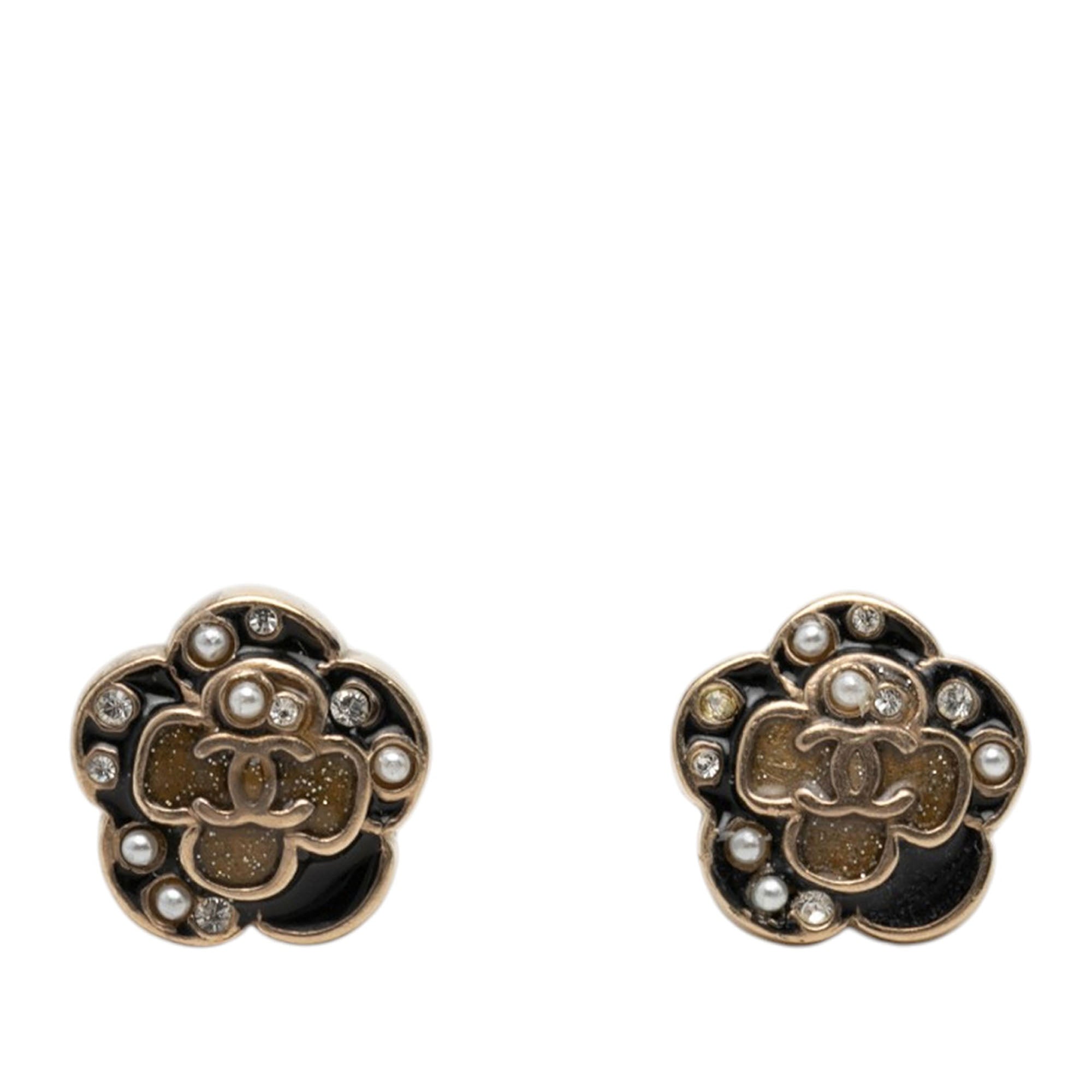 CC Brass Enamel Faux Pearl and Strass Flower Earrings