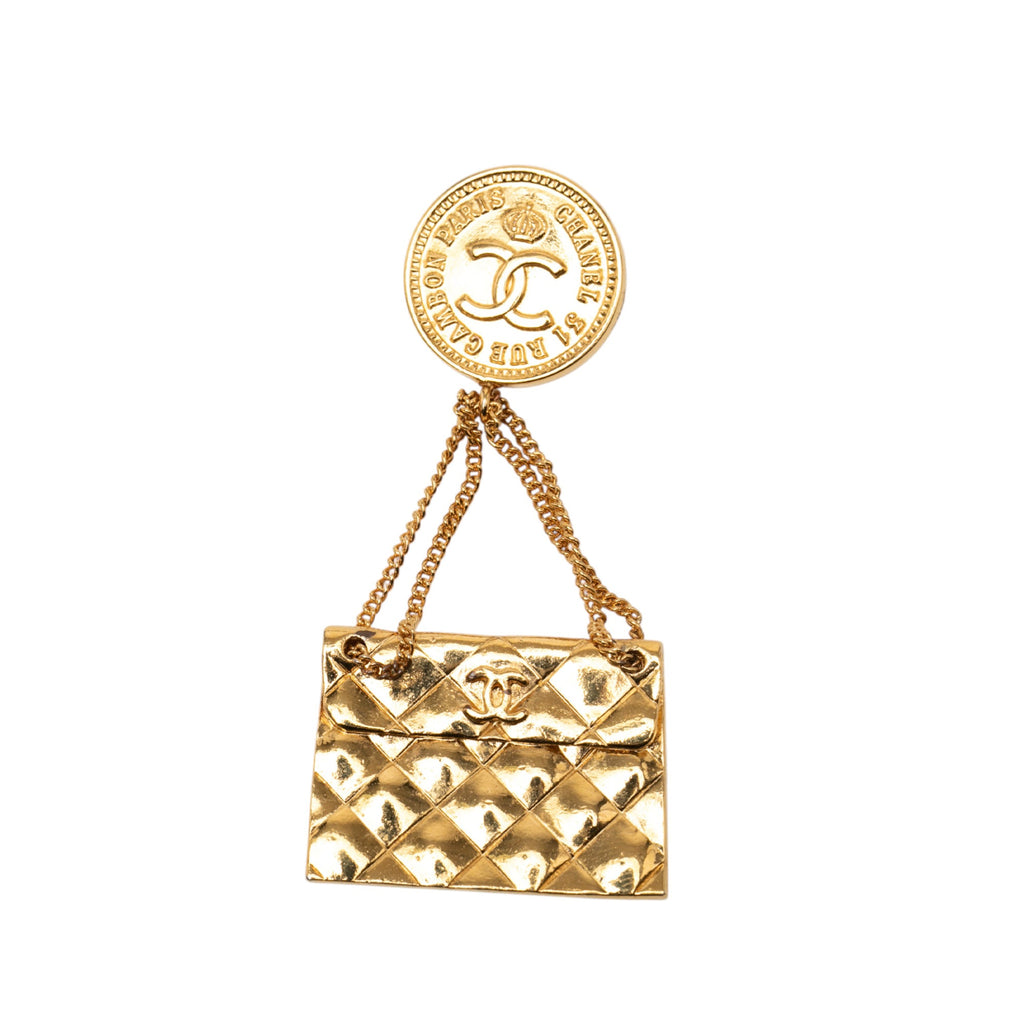 CC Gold Plated Quilted Flap Bag Medallion Brooch