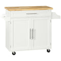 Rolling Kitchen Cart with Rubberwood Top and Spice Rack, White