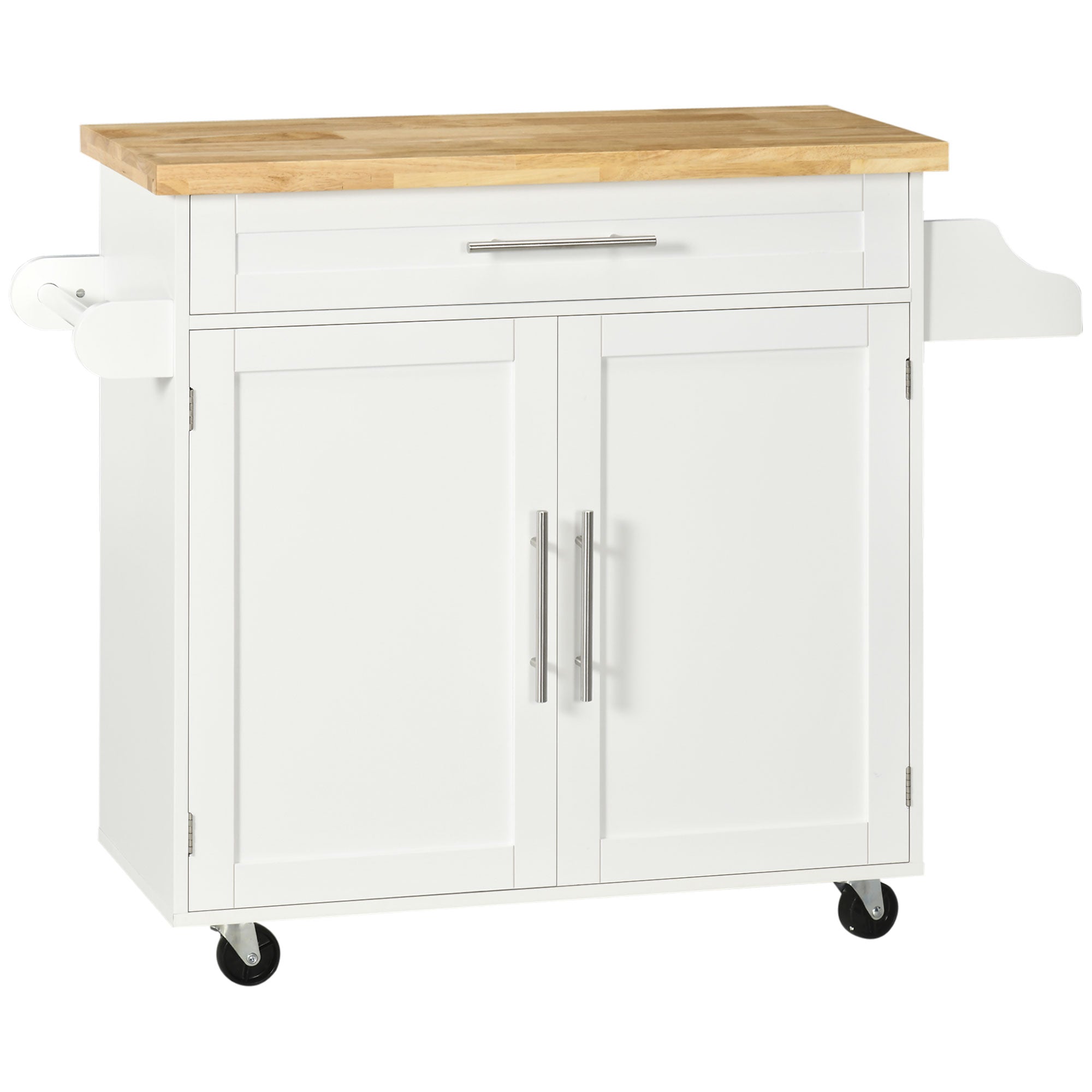 Rolling Kitchen Cart with Rubberwood Top and Spice Rack, White
