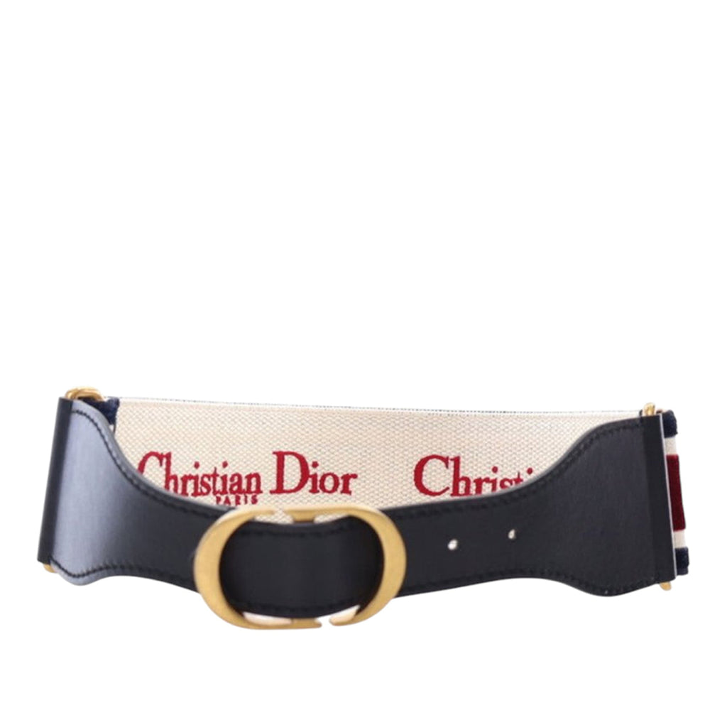 Leather and Embroidered Canvas Wide Belt