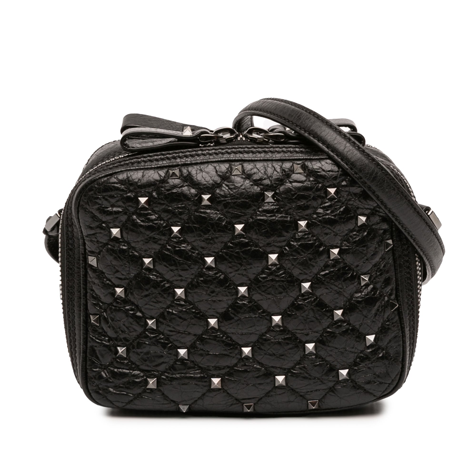 Quilted Crinkled Leather Rockstud Double Zip Camera Bag