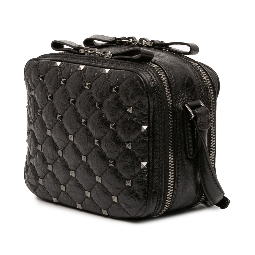 Quilted Crinkled Leather Rockstud Double Zip Camera Bag