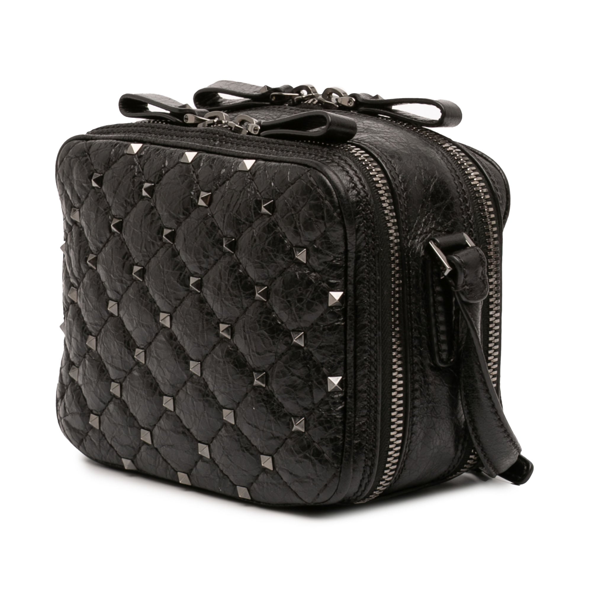 Quilted Crinkled Leather Rockstud Double Zip Camera Bag
