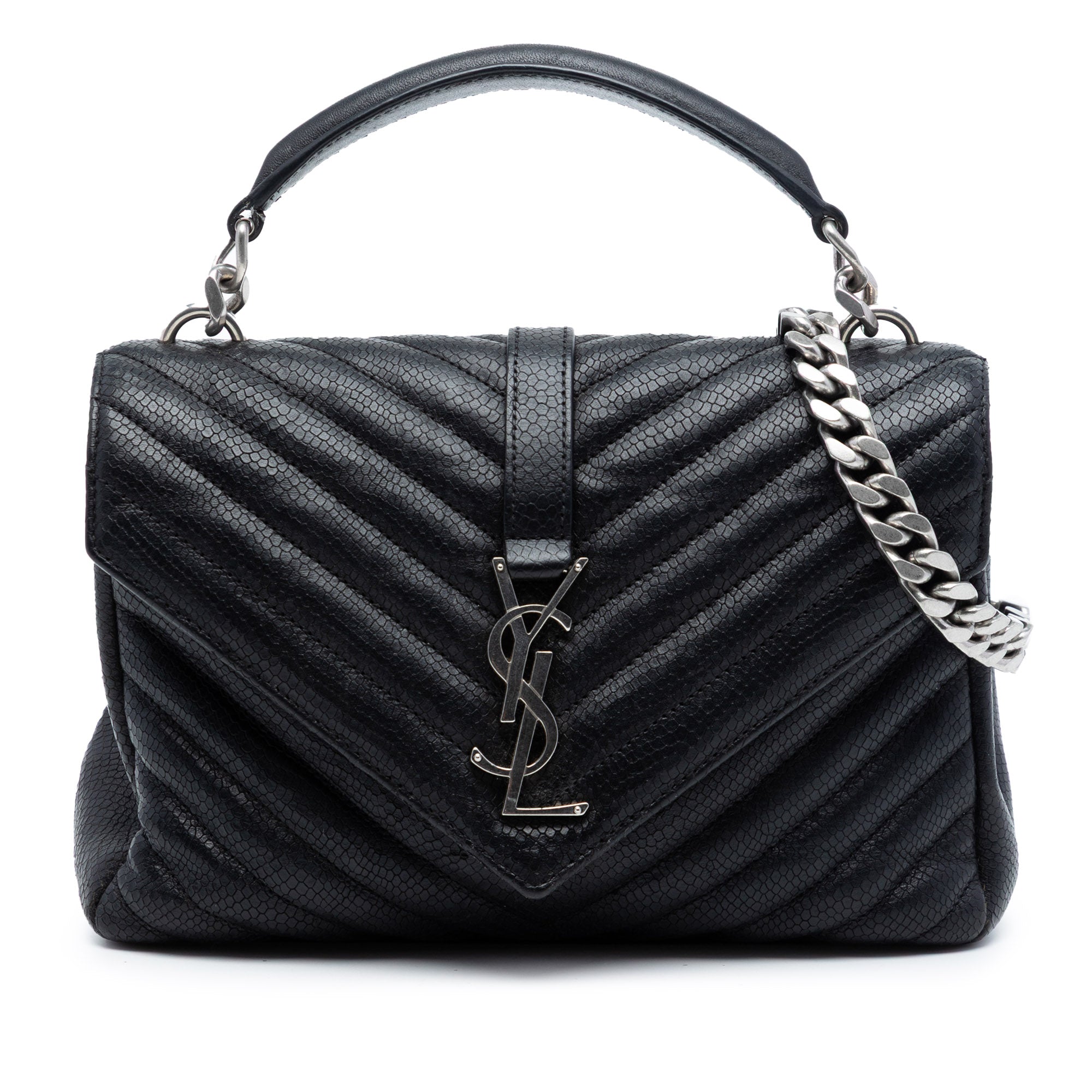 Medium Chevron Embossed Leather Monogram College Satchel