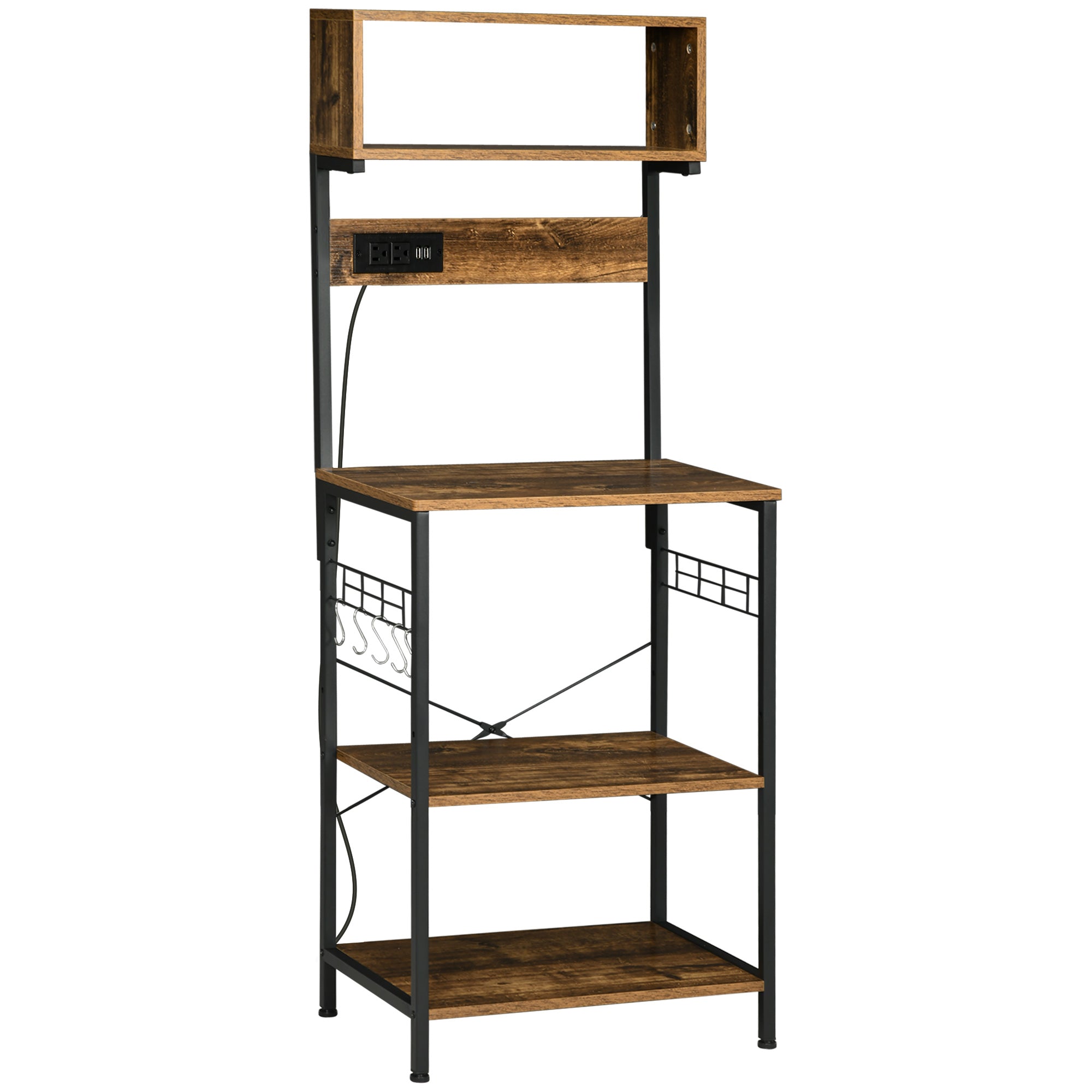Kitchen Bakers Rack with Power Outlet and USB Charger, Rustic Brown