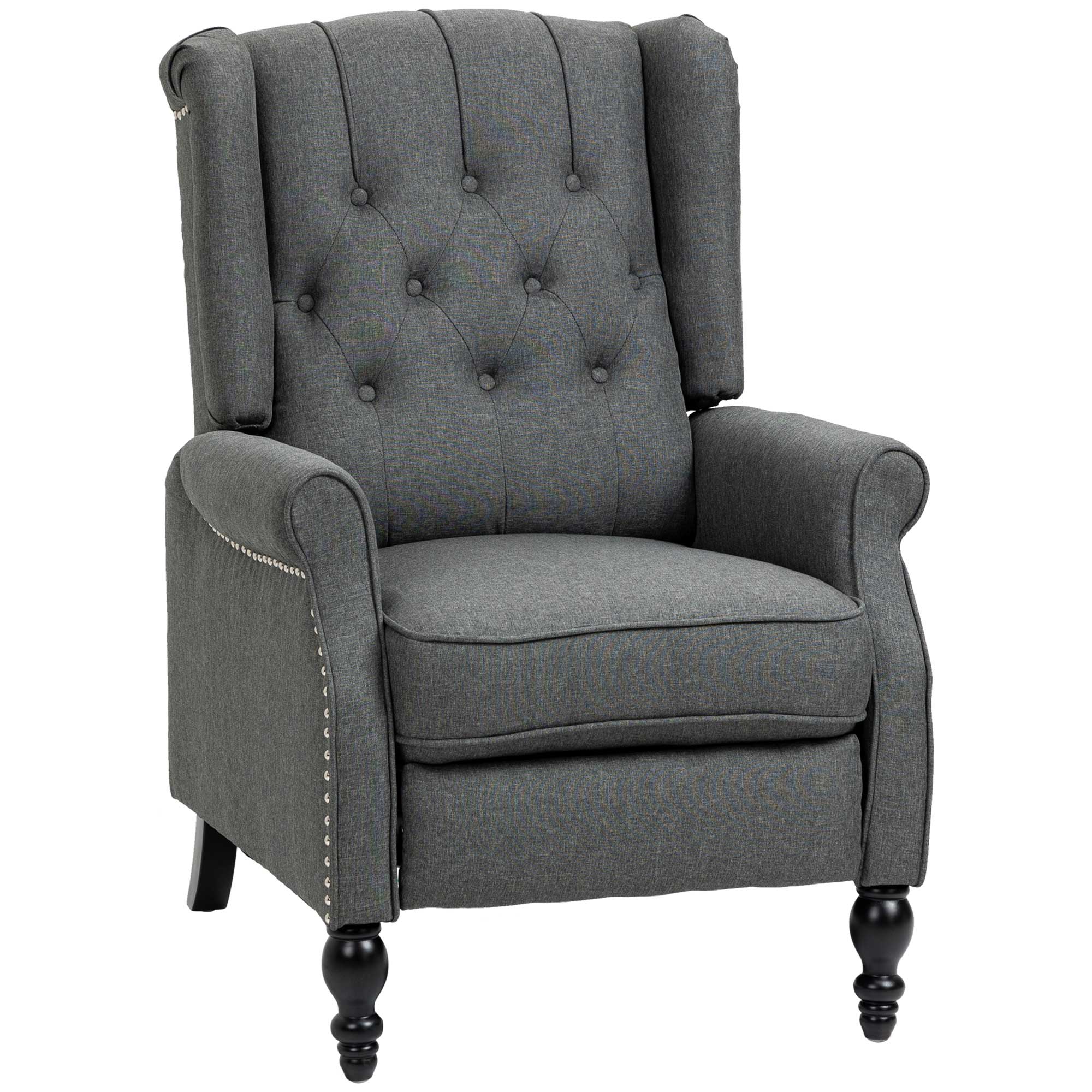Push Back Fabric Recliner with Nailhead Trim and Footrest, Dark Grey
