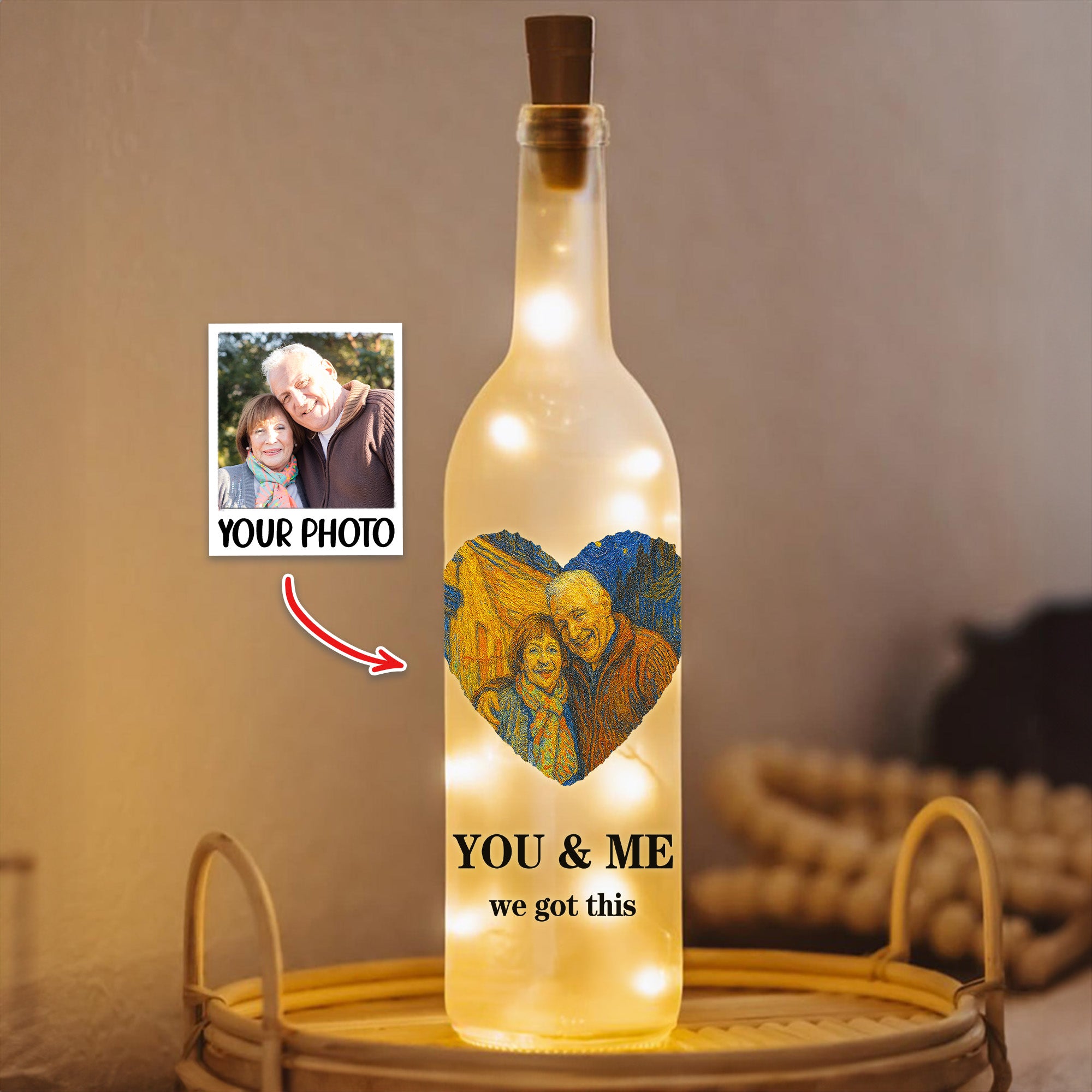 Personalizado You & Me Corazón Pintura Artística Mascota Familia Foto LED Botella Lámpara con Luz Suave Aniversario Memoria Regalo para Parejas Dueños de Mascotas