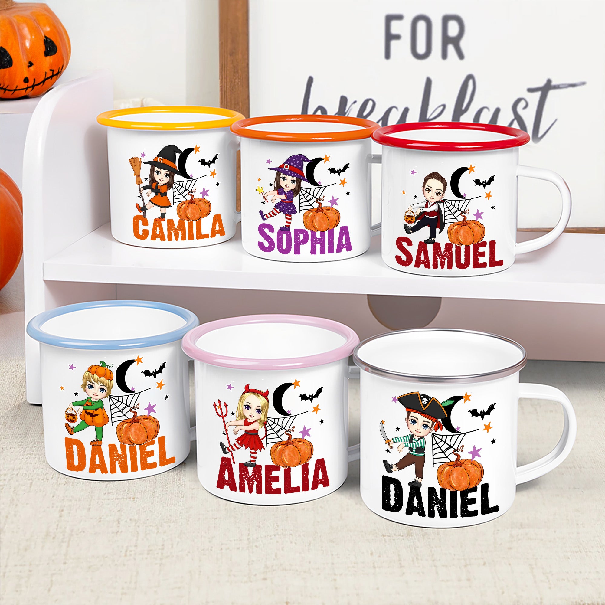 Personalizada Calabaza Luna de Halloween Cartoon Personaje 12 oz Esmalte Taza con Nombre Halloween Party Regalo para Niños Niñas