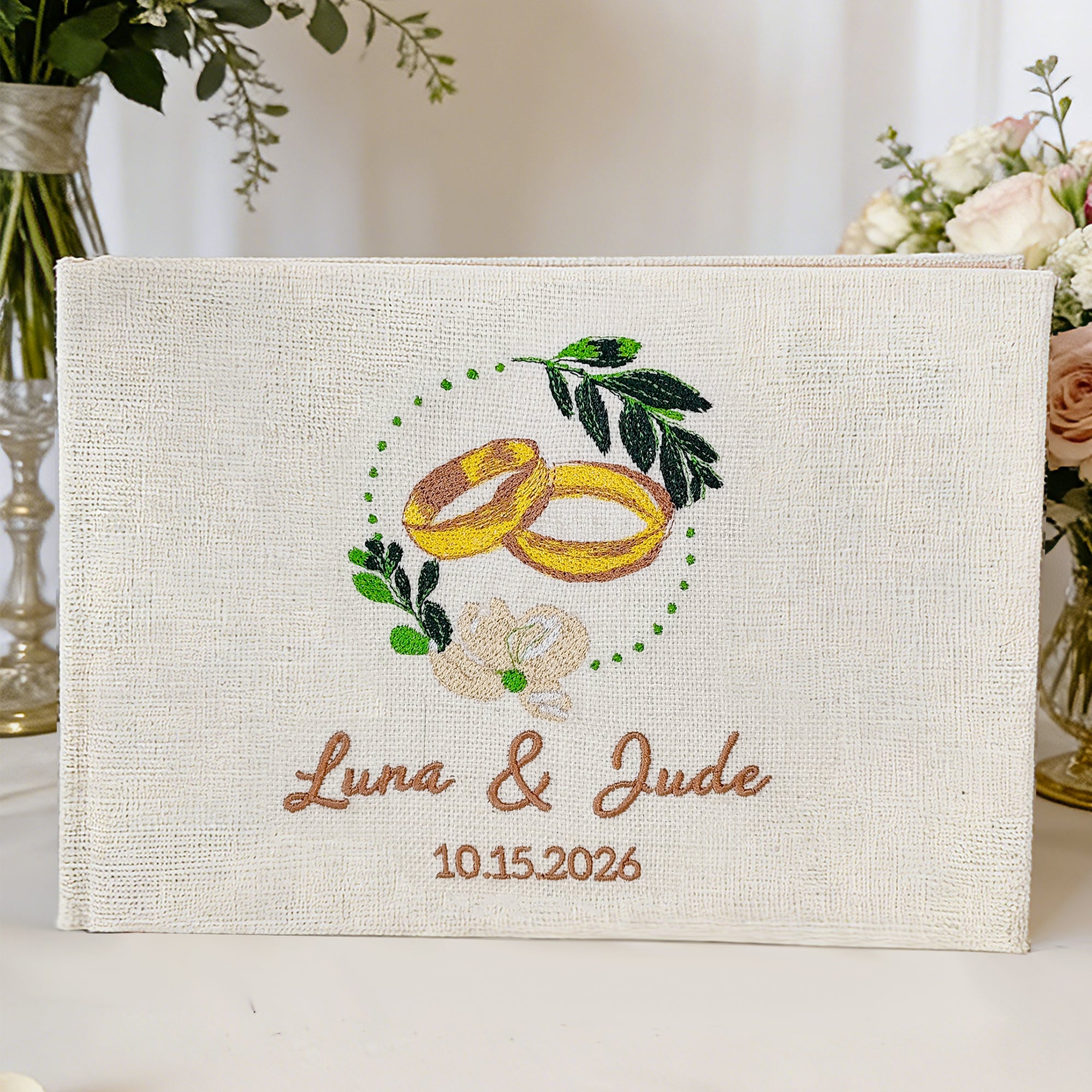 Anillos de flores personalizados Libro de invitados de boda bordado con nombre y fecha Aniversario de boda Regalo para recién casados
