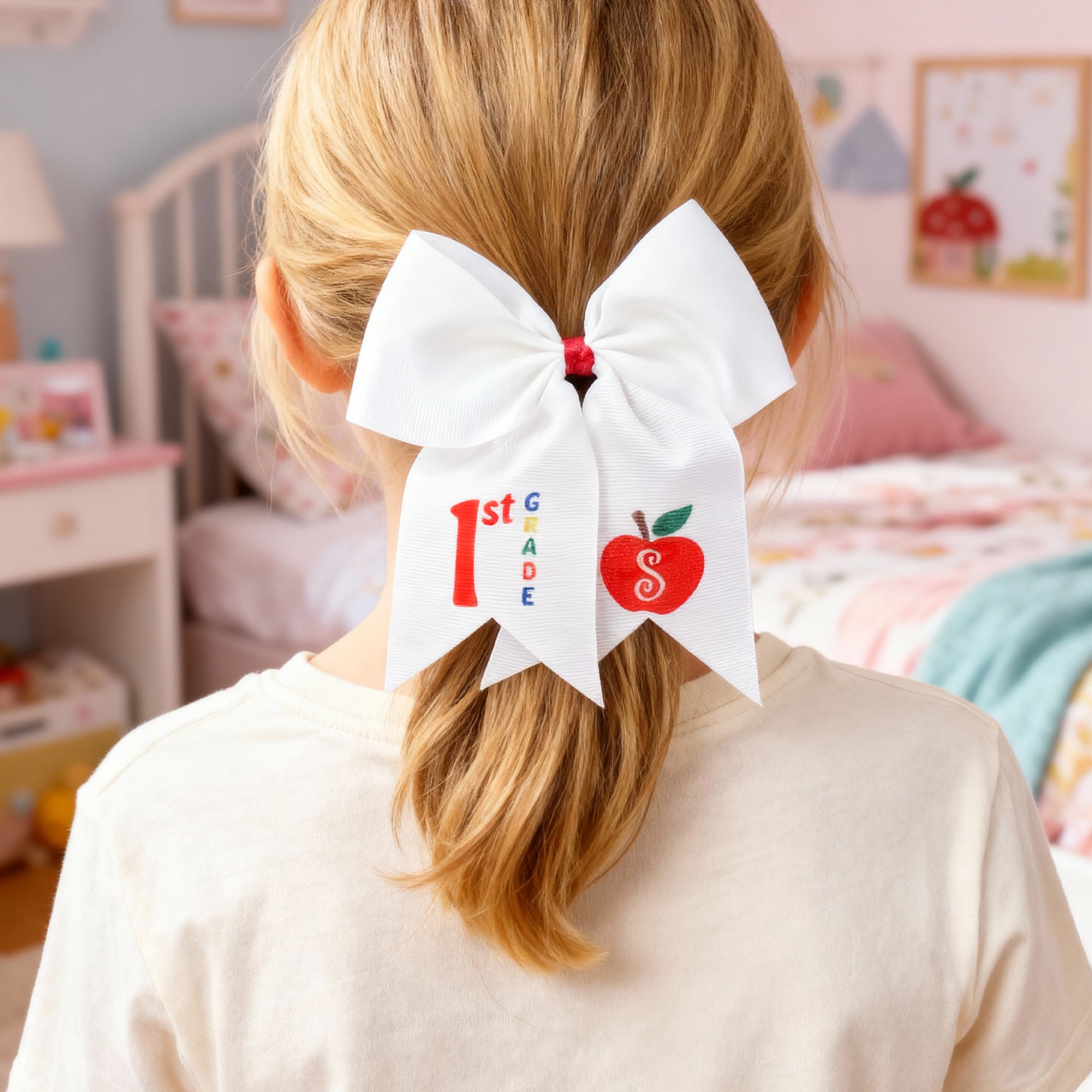 Lazo de pelo blanco personalizado con la inicial y el grado de la manzana Accesorios lindos Regalo de cumpleaños de vuelta al cole para niñas