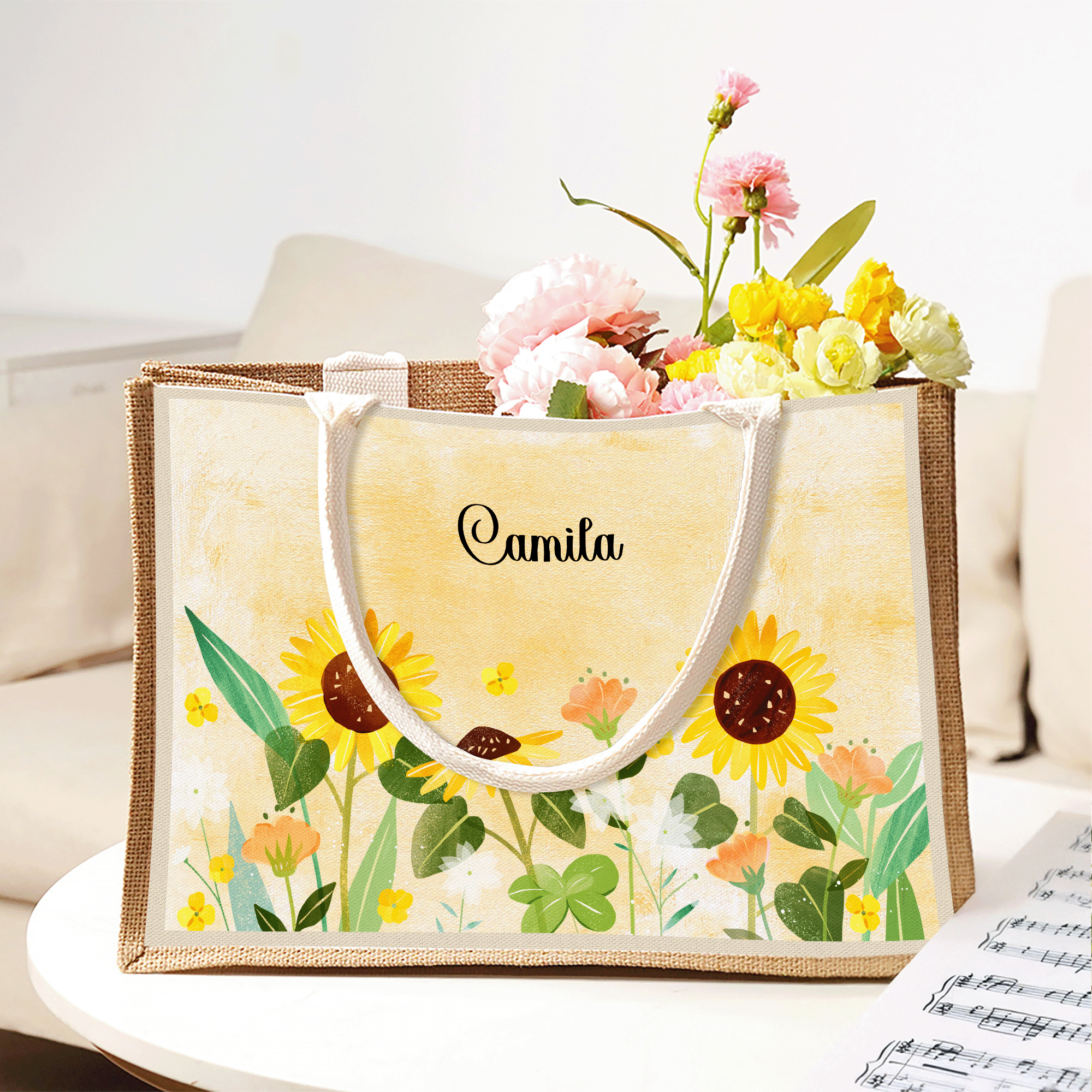 Personalizada acuarela floral de gran capacidad Bolsa de yute con nombre Uso diario Cumpleaños Aniversario Regalo para mujeres Familia Amigos