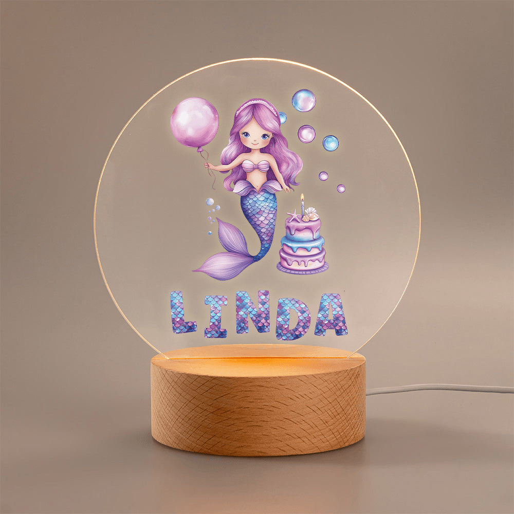 Tarta de Sirena Fantasía Personalizada Luz de Noche LED con Base de Madera y Nombre Decoración de Habitación Regalo de Cumpleaños para Niñas Niños
