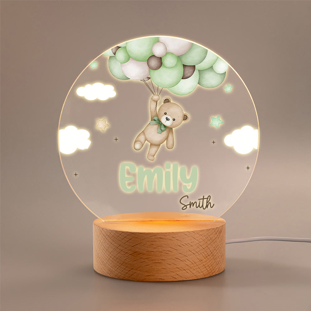 Osito de peluche de acuarela personalizado Luz nocturna LED con nombre y base de madera Decoración de guardería Regalo de cumpleaños para la familia Nuevos padres Niños