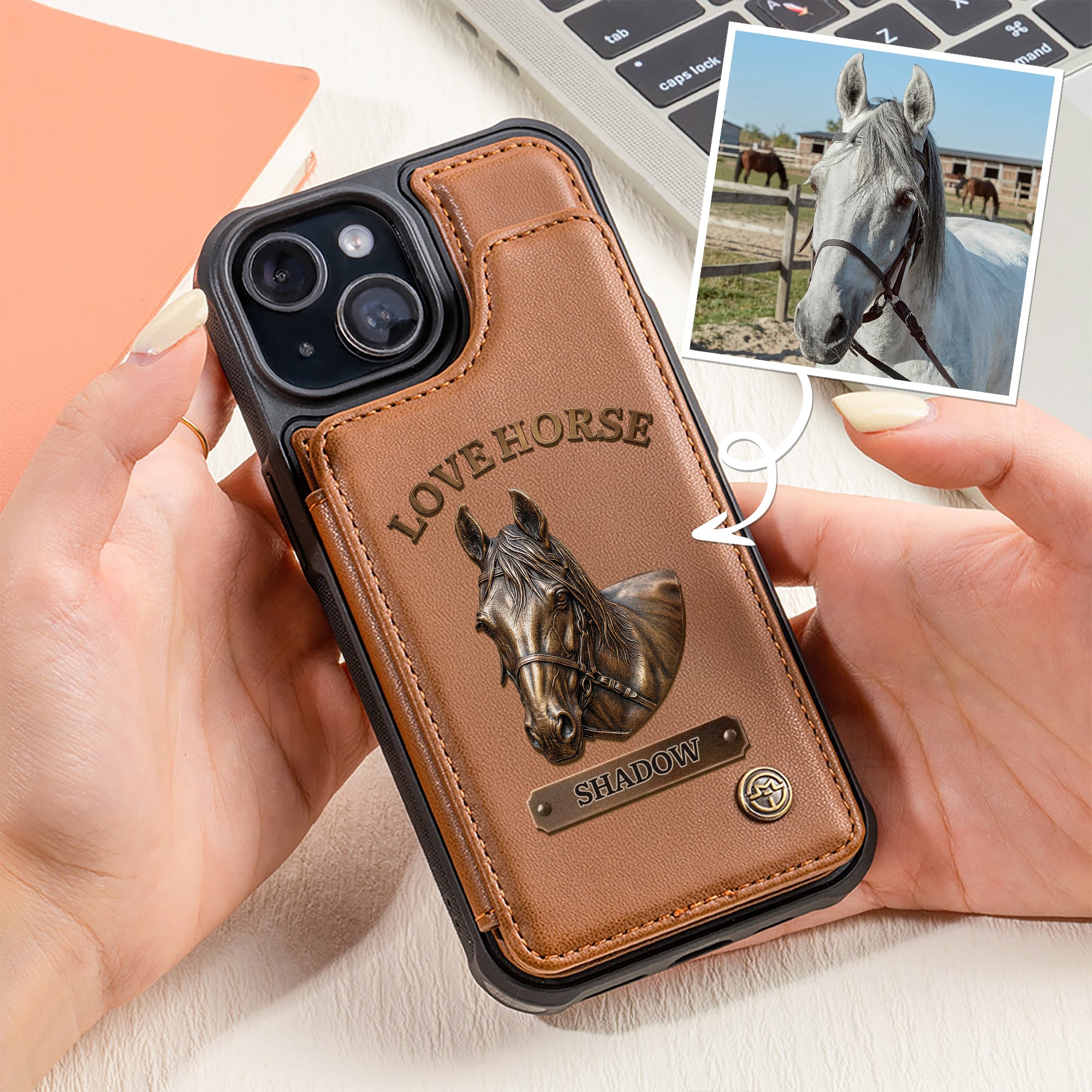 Funda personalizada para teléfono con retrato de caballo, nombre y tarjetero para iPhone Samsung Uso diario Regalo de cumpleaños para propietarios de caballos Jinetes