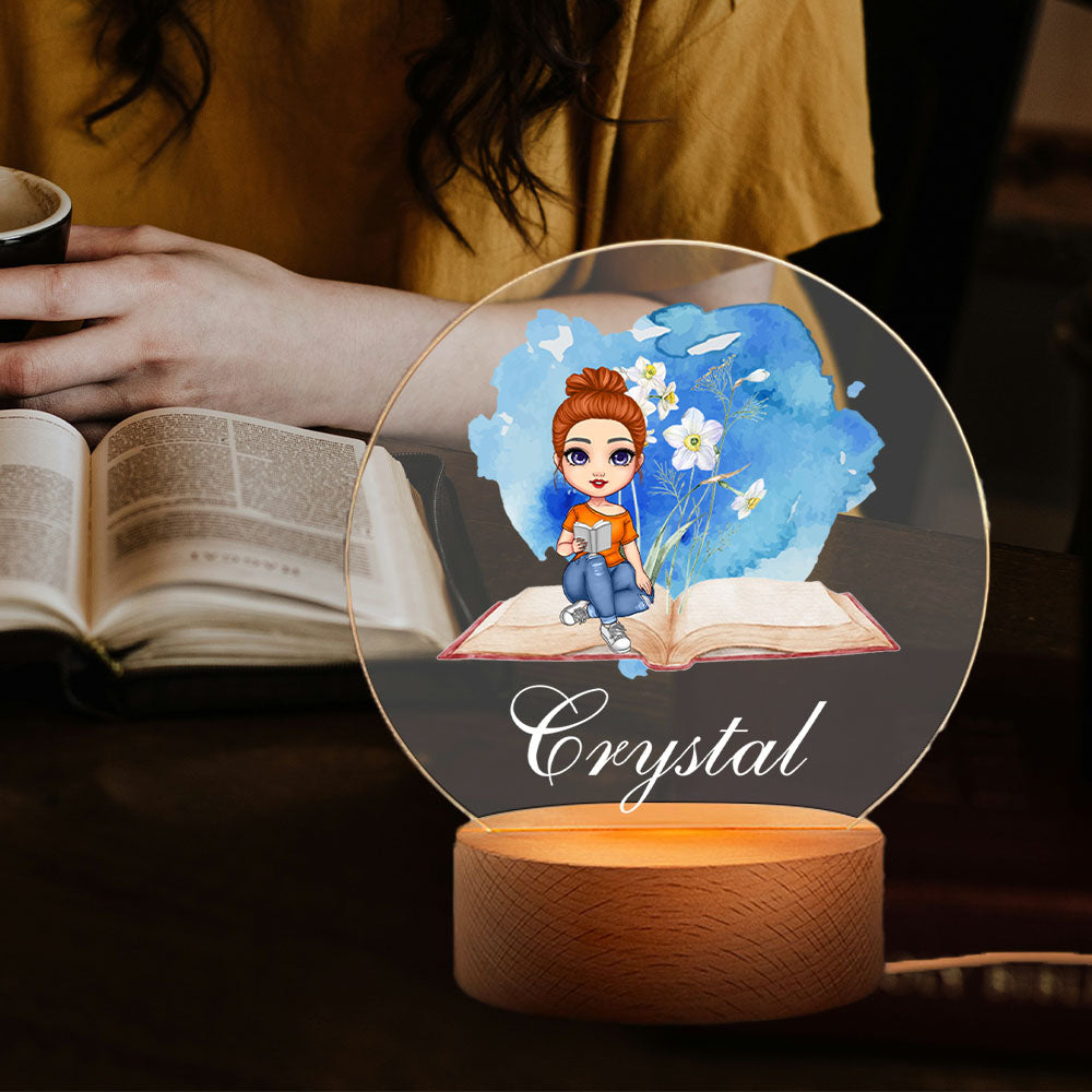 Acuarela Personalizada Nacimiento Flor Caricatura Lectura Mujer LED Luz de Noche con Base de Madera Cumpleaños Decoración de Habitación Regalo para Estudiantes Ratón de Biblioteca