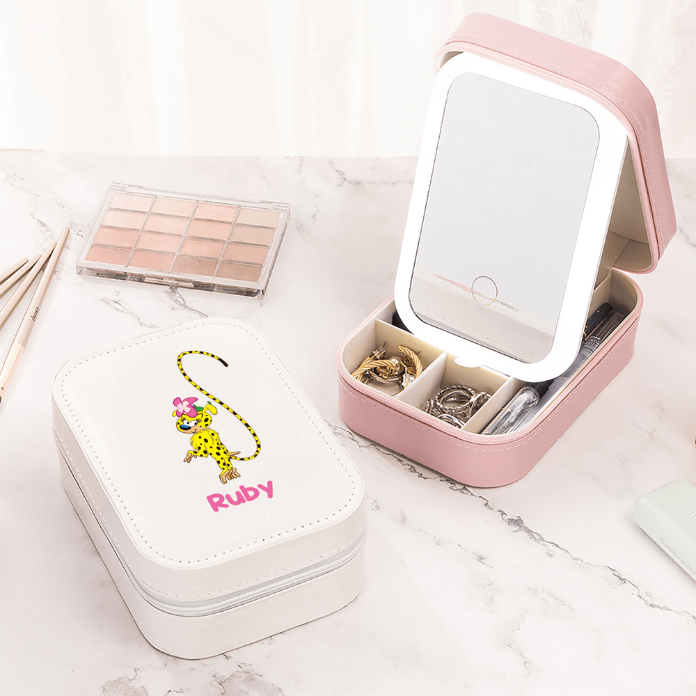 Marsupilami de cola larga personalizado Joyero de piel de PU con nombre y espejo LED ajustable Regalo de cumpleaños para niñas | Callie × Marsupilami