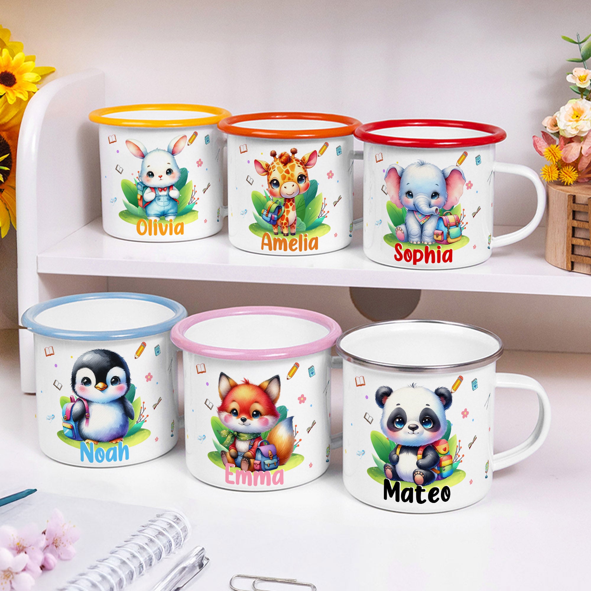 Personalizada de dibujos animados de conejo panda animal 12 oz borde de color taza de esmalte con el nombre de cumpleaños de viaje de regalo para niños niñas