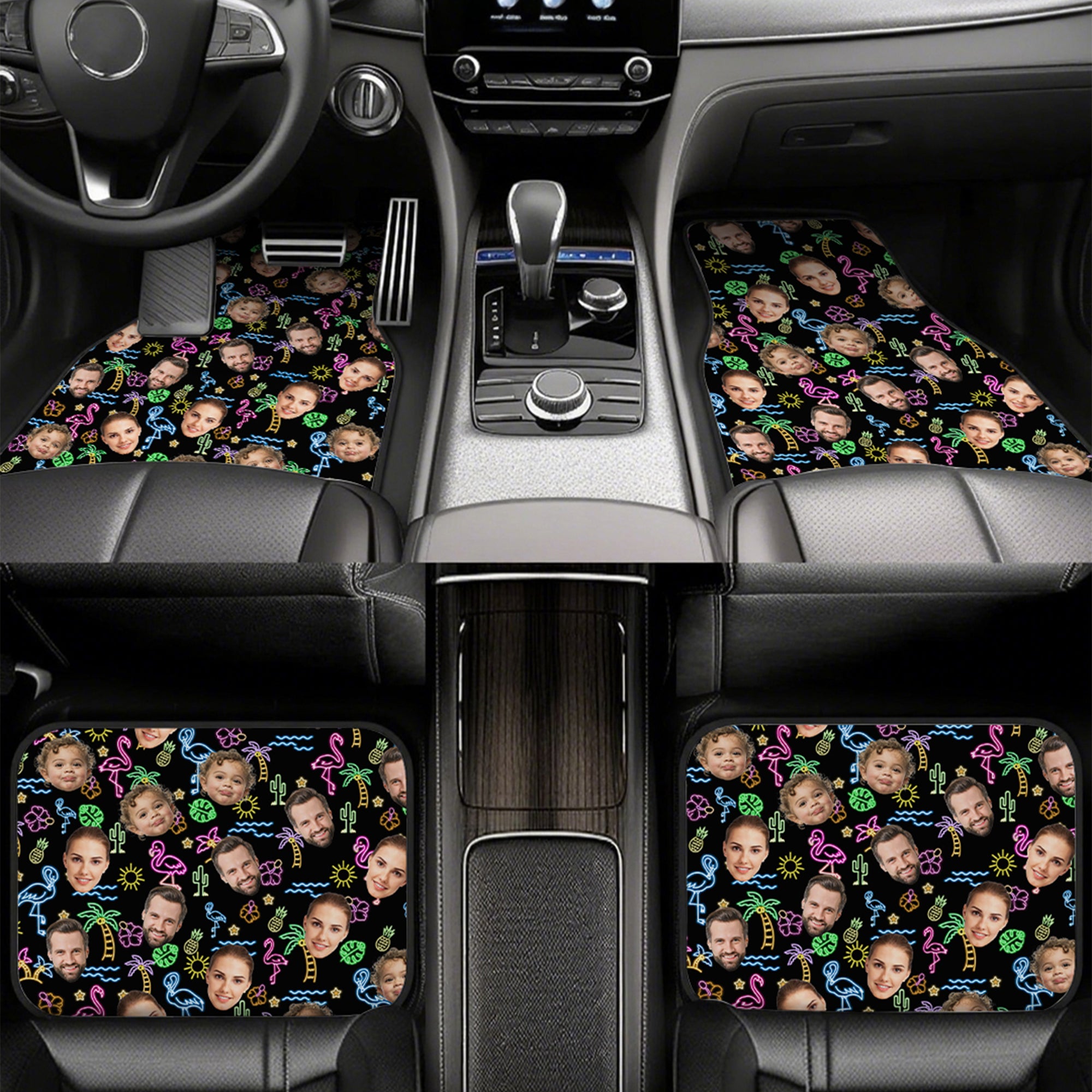 Alfombrilla antideslizante para coche personalizada Flamingo Delfín Palmera Juego de 4 piezas con 1-3 fotos de caras Regalo de cumpleaños para dueños de coche amantes de las mascotas