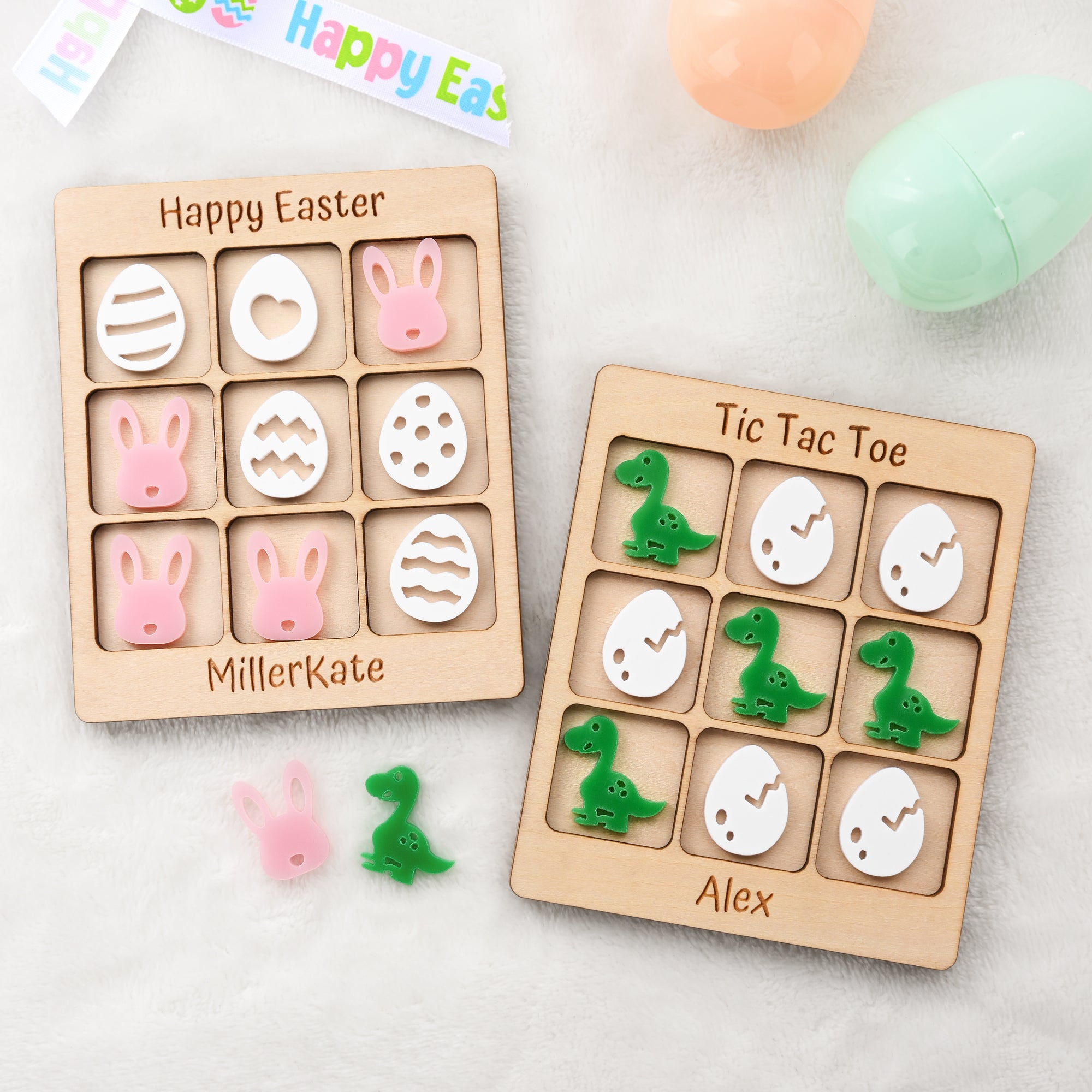 Personalizado lindo conejo de Pascua huevo de dinosaurio de madera Tic Tac Toe Junta con el nombre de la cesta de llenado juego de fiesta de Pascua de regalo para los niños
