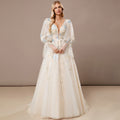 Bridal Wedding Dress Ivory-Cream Long Sleeve Long V-Neck Ball-Gown Princess