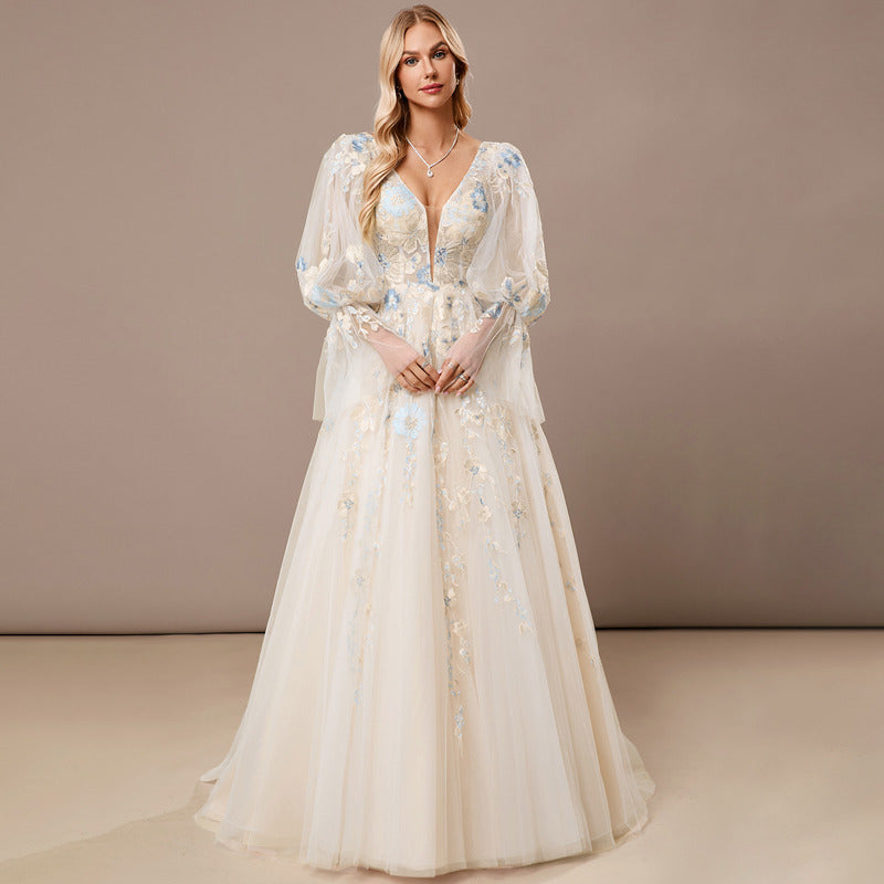 Bridal Wedding Dress Ivory-Cream Long Sleeve Long V-Neck Ball-Gown Princess