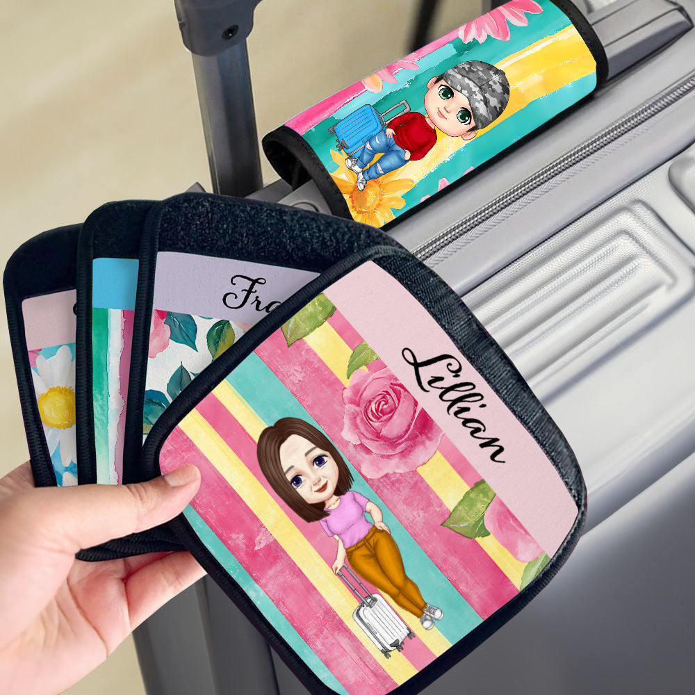 Juego de 2 asas de equipaje personalizadas con el nombre de un personaje de dibujos animados de rayas florales de colores Regalo de cumpleaños para la familia y los niños