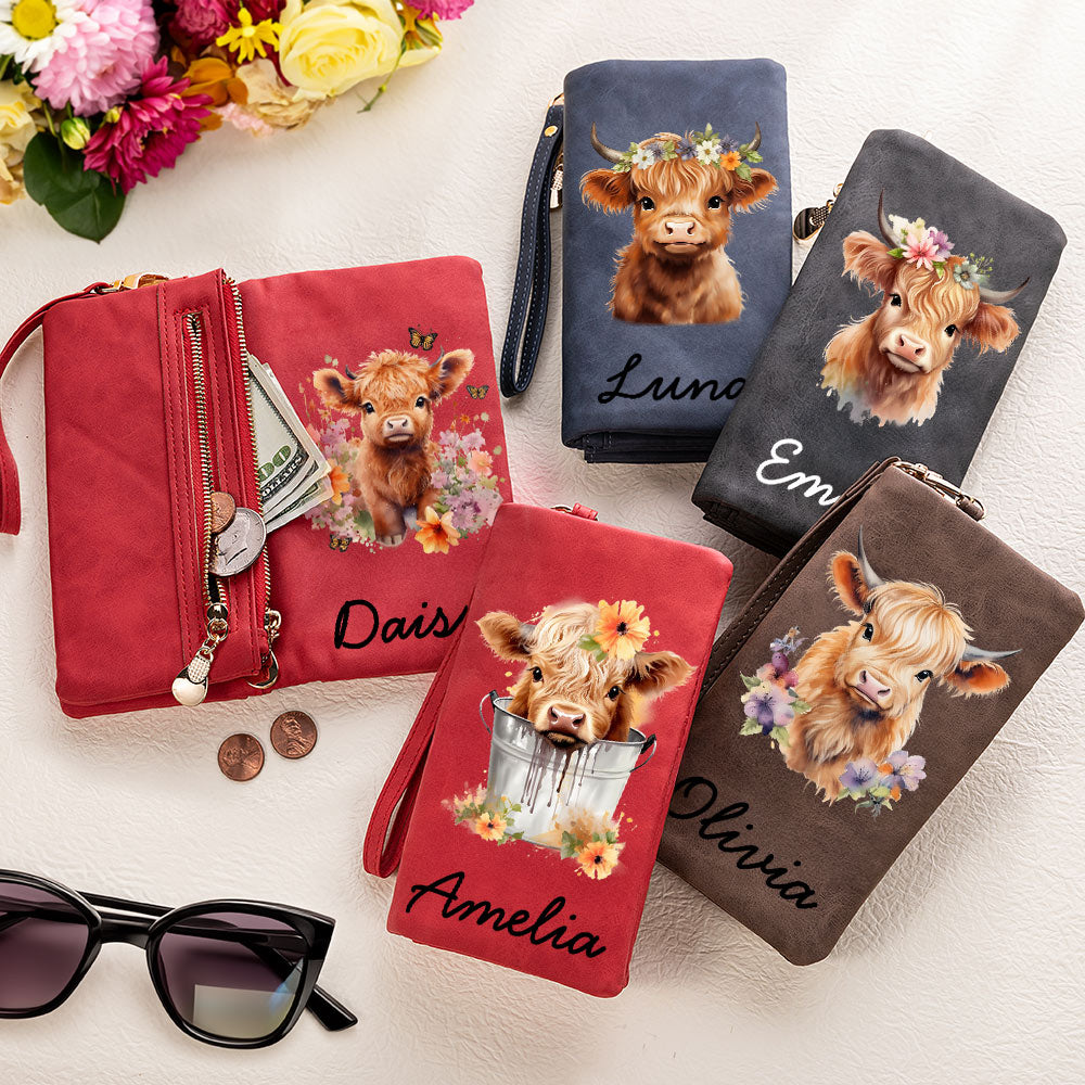 Personalizado lindo Highland nombre de la vaca billetera con ranuras para tarjetas de bolsillo Aniversario regalo de cumpleaños para las mujeres