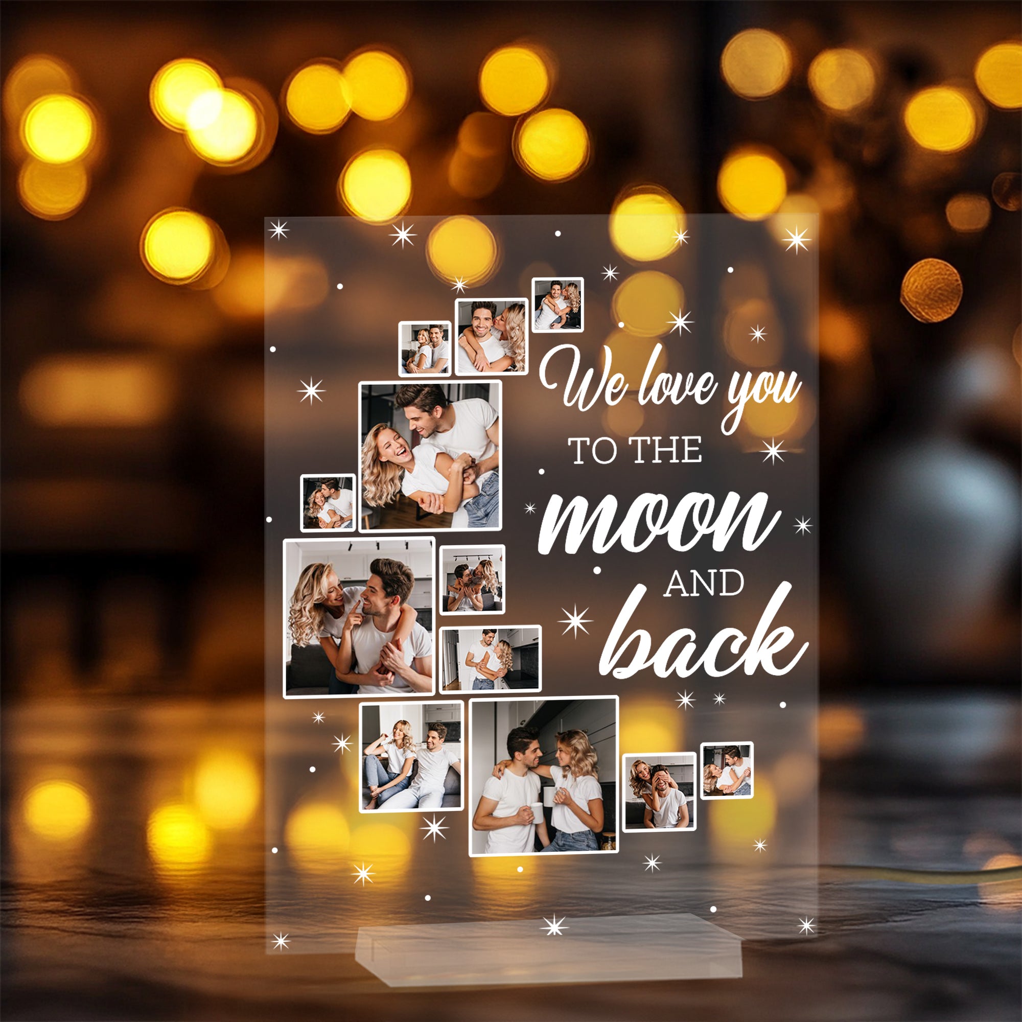 Adorno personalizado de placa acrílica We Love You To The Moon And Back con 12 fotos Decoración para el hogar Regalo conmovedor y significativo para la familia