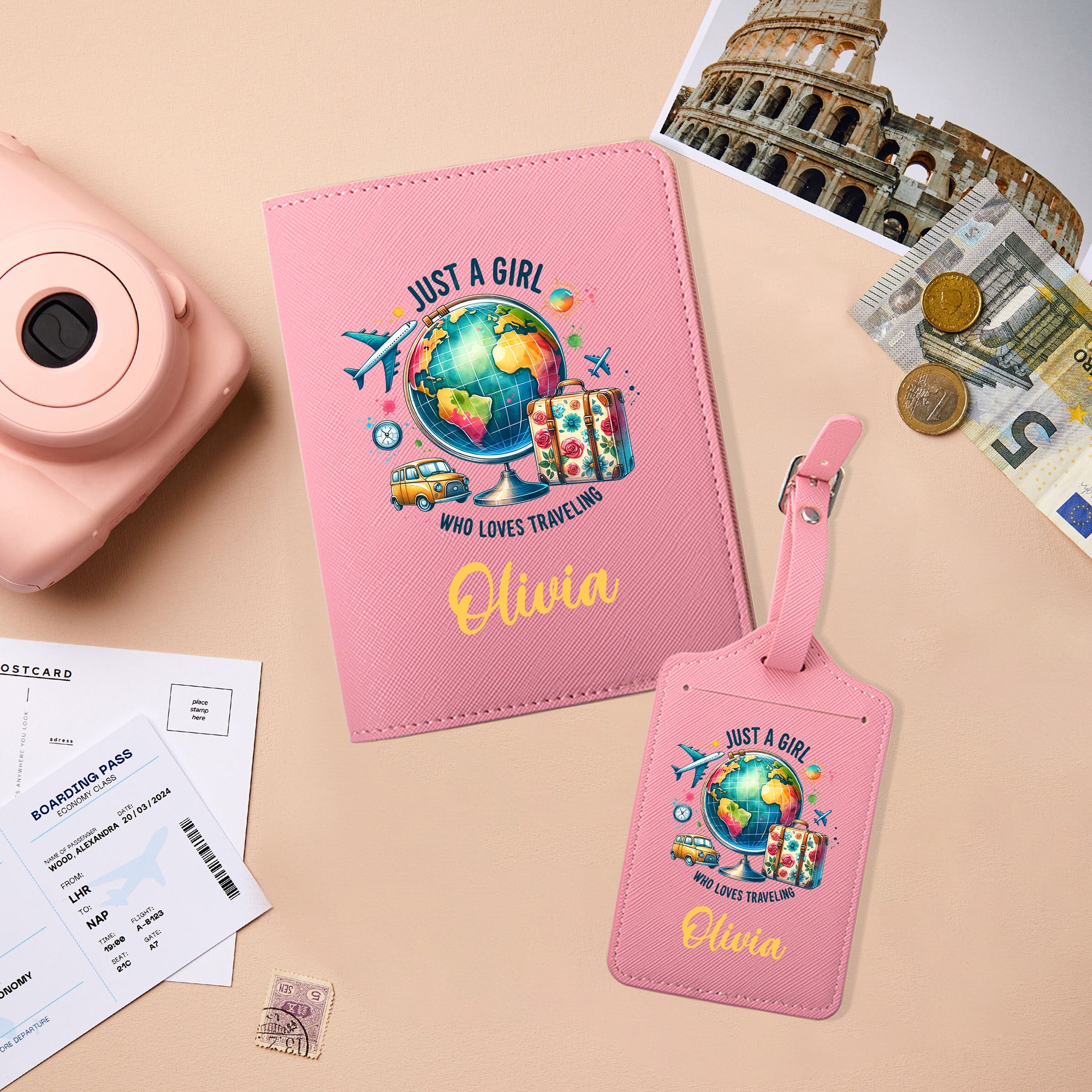 Personalizado Just A Girl Who Loves Traveling Porta Pasaportes de cuero de PU Etiqueta de equipaje con nombre Regalo de cumpleaños para niña