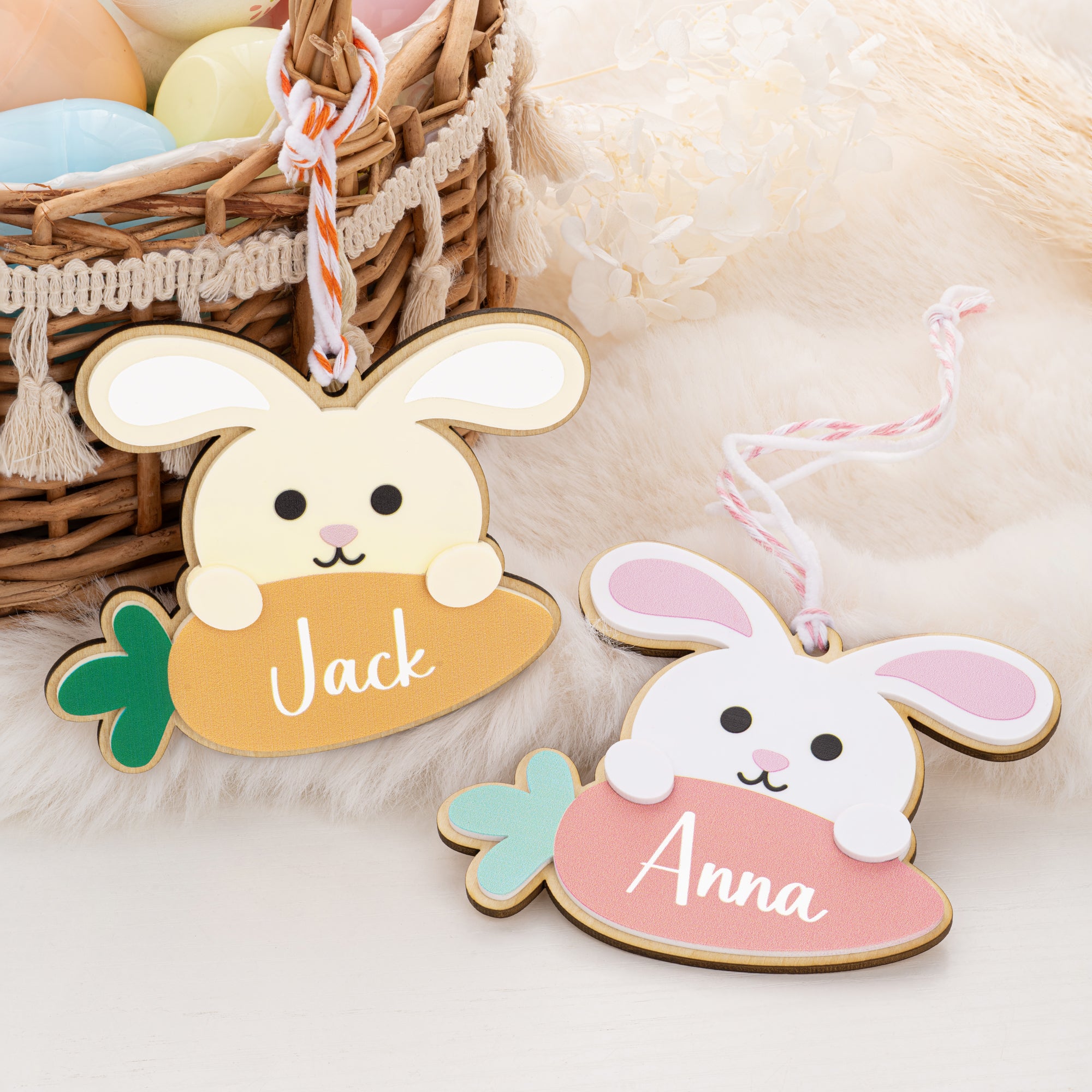 Conejito de Pascua de zanahoria personalizado con el nombre de la etiqueta de la cesta de Pascua Favor Fiesta Decoración Suministros Cumpleaños Regalo para Niños Niñas Niños