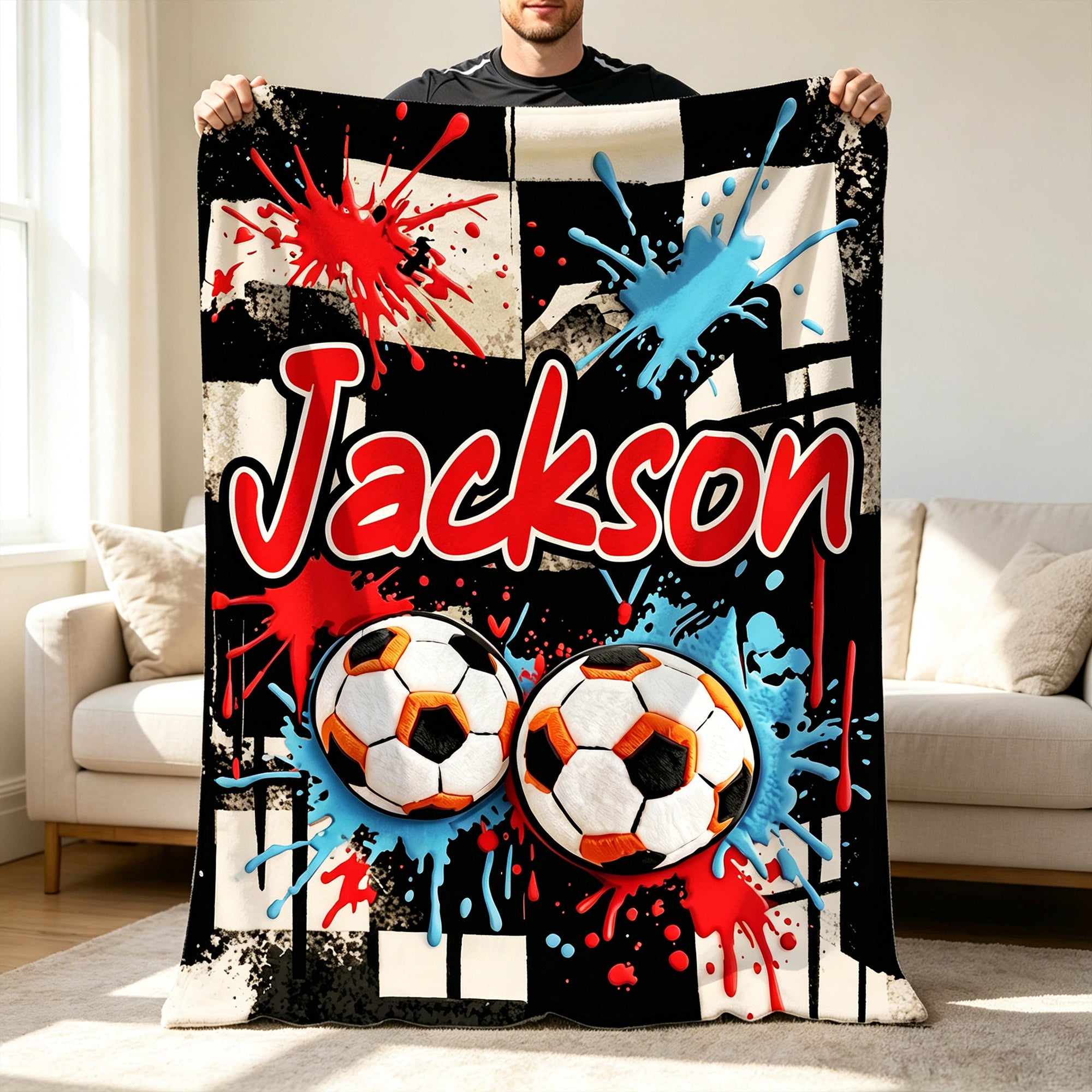 Manta blanda con nombre personalizada con motivo de fútbol Decoración para el hogar Club de fútbol Regalo de cumpleaños para los amantes del fútbol