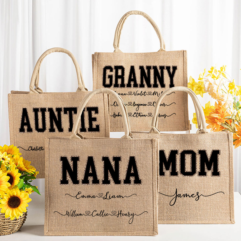 Bolsa de yute grande reutilizable con el nombre de la madre Día de la madre Cumpleaños Regalo para mujeres