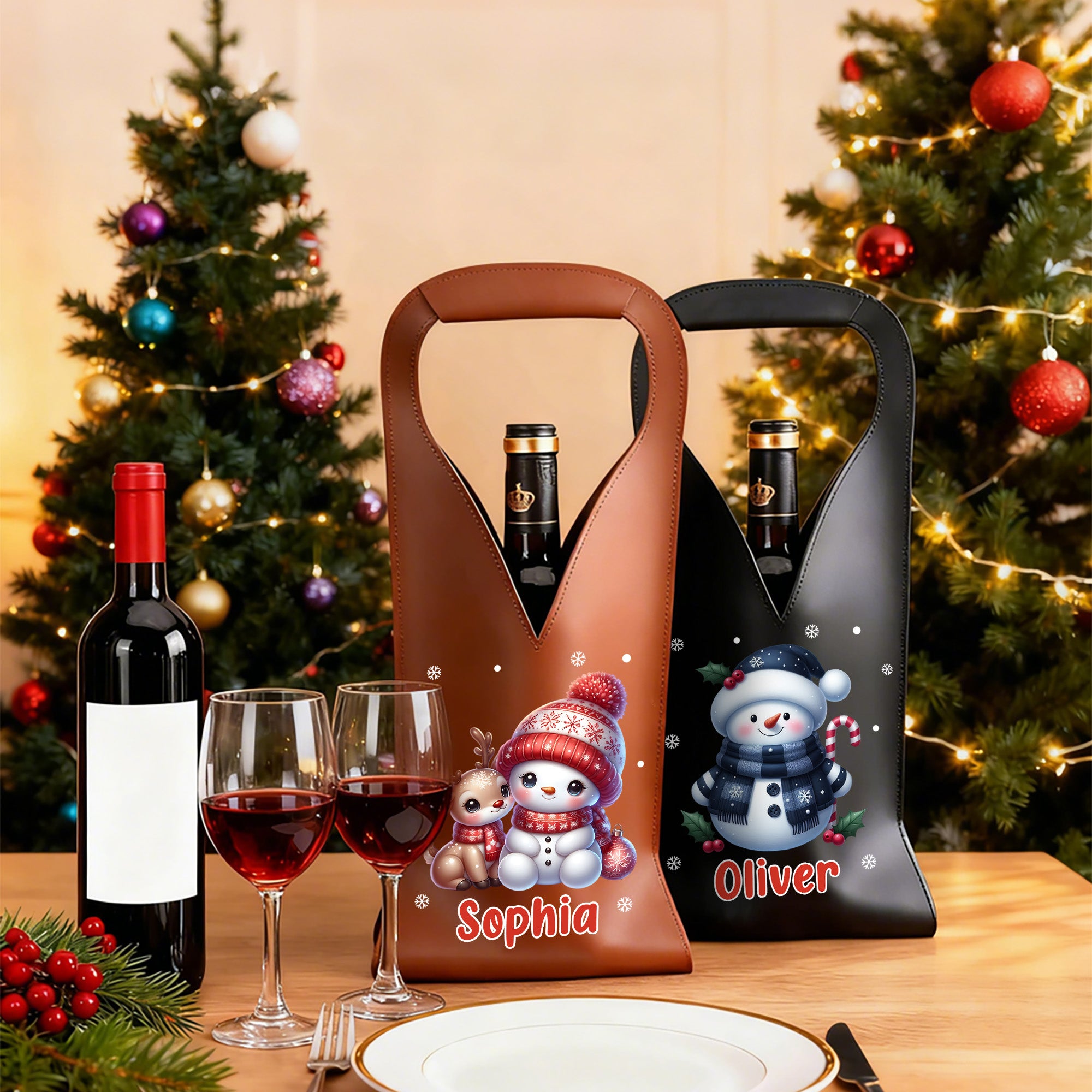 Personalizado lindo muñeco de nieve de Navidad PU Bolsa de vino de cuero con nombre y asa de protección Accesorios de vino Fiesta de Navidad Regalo para los amantes del vino
